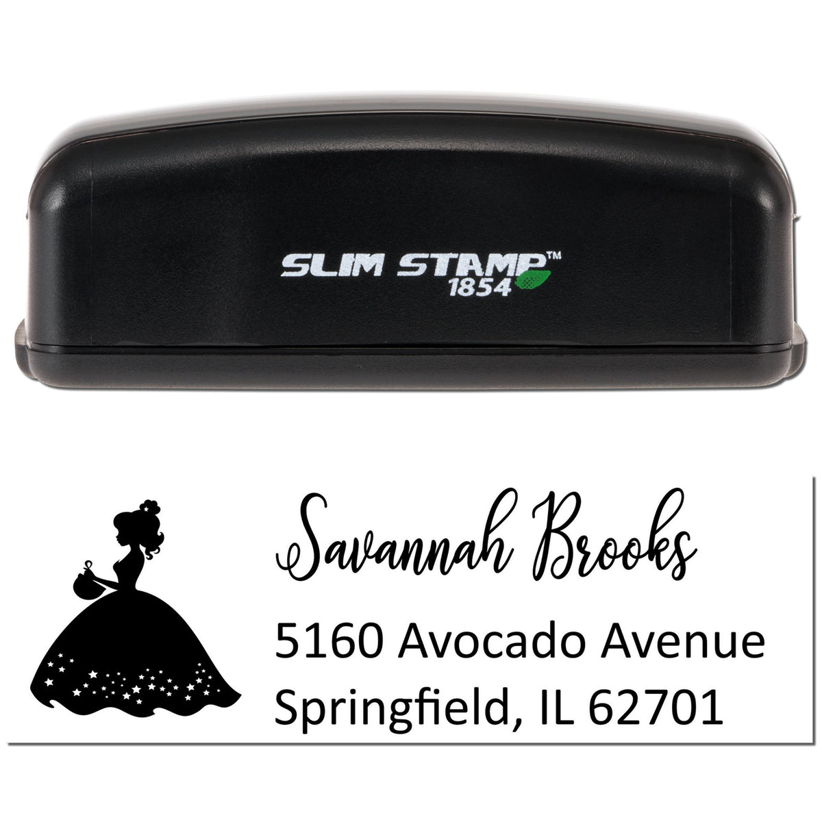 Slim Stamp 1854 self-inking custom address rubber stamp with princess silhouette design for Savannah Brooks, Springfield, IL 62701.