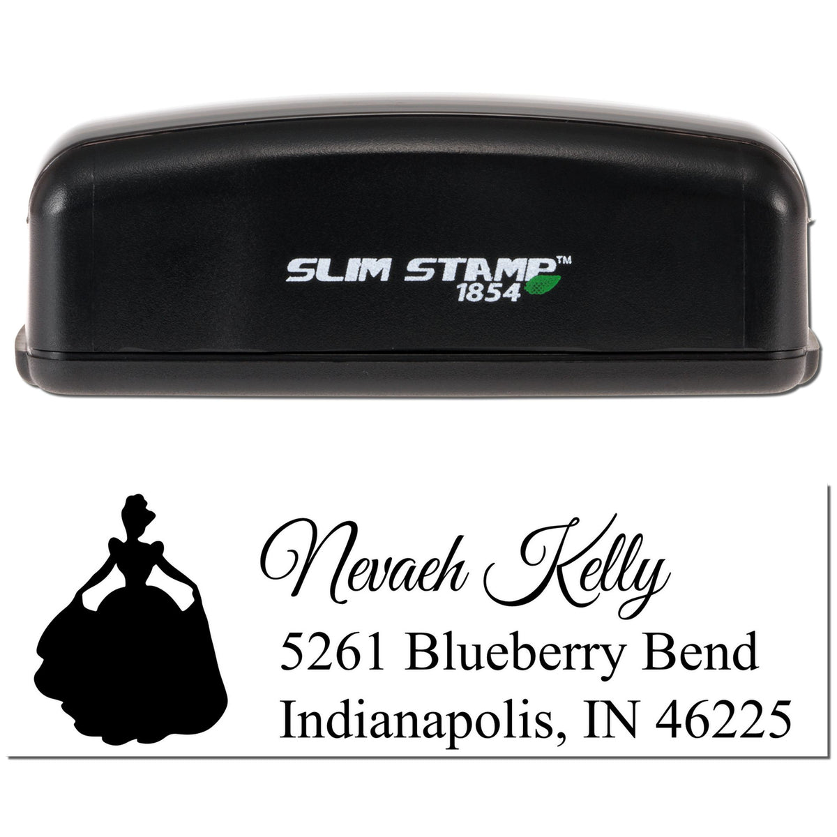 Slim Stamp 1854 custom return address rubber stamp with bride silhouette and elegant wedding address design.