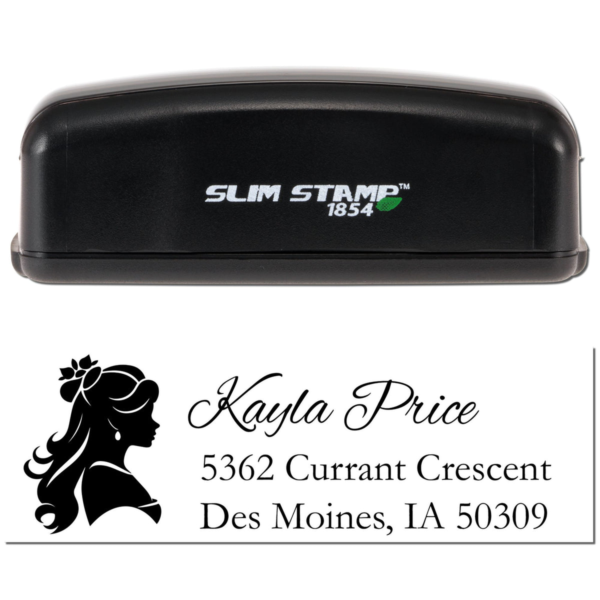Slim Stamp 1854 custom self-inking address stamp with name, address and silhouette design for mail and labeling