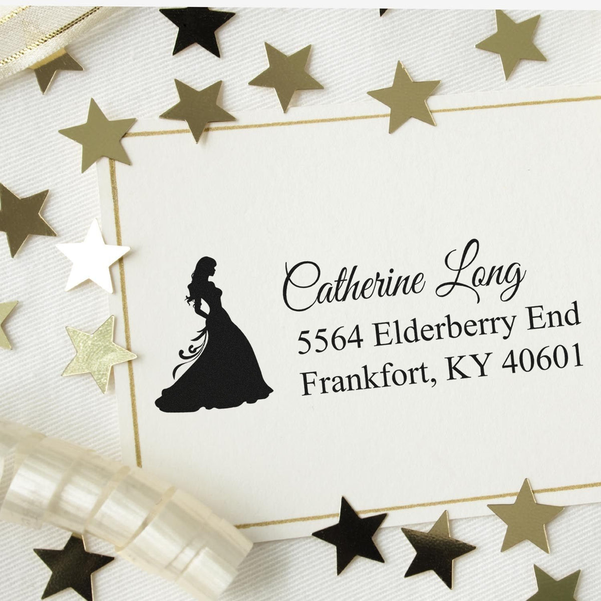 Custom wedding return address rubber stamp with bride silhouette and personalized name and address design