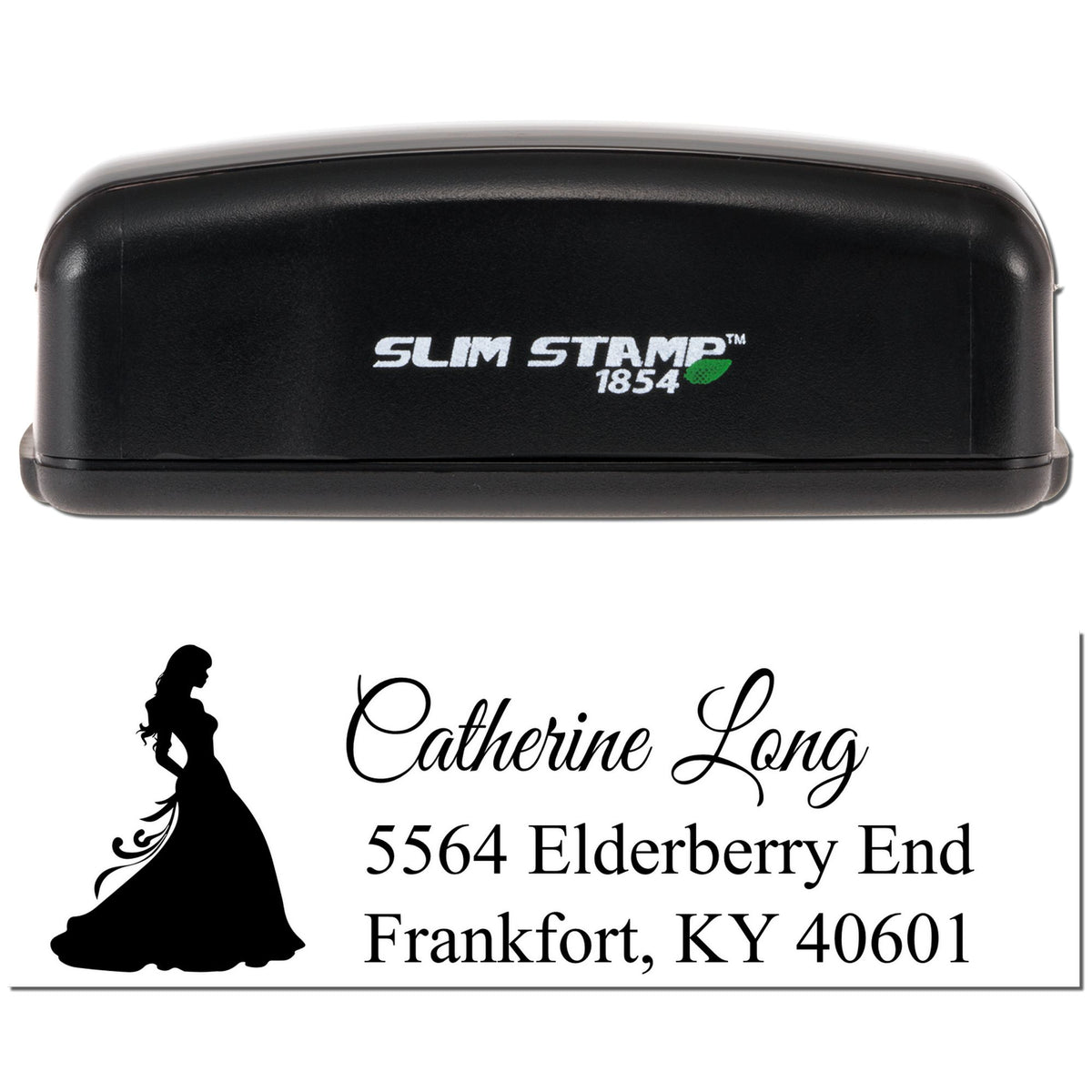 Slim Stamp 1854 custom address rubber stamp with personalized name, address, and silhouette design for mailing labels