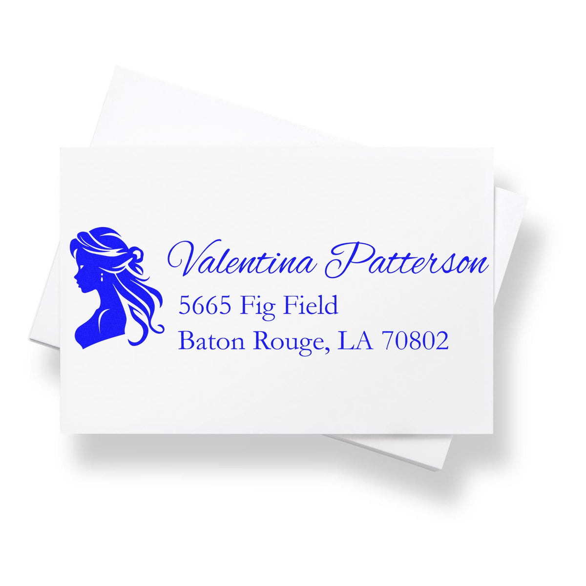 Personalized return address rubber stamp with female profile logo for Valentina Patterson, Baton Rouge, LA 70802.
