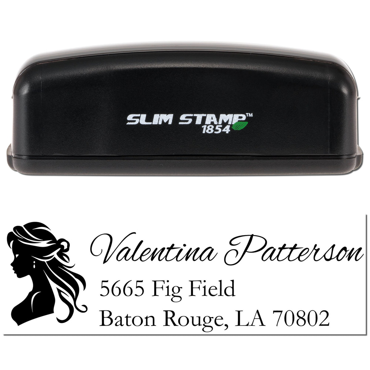 Slim Stamp 1854 custom self-inking address stamp with silhouette logo and personalized name and Baton Rouge, LA address.