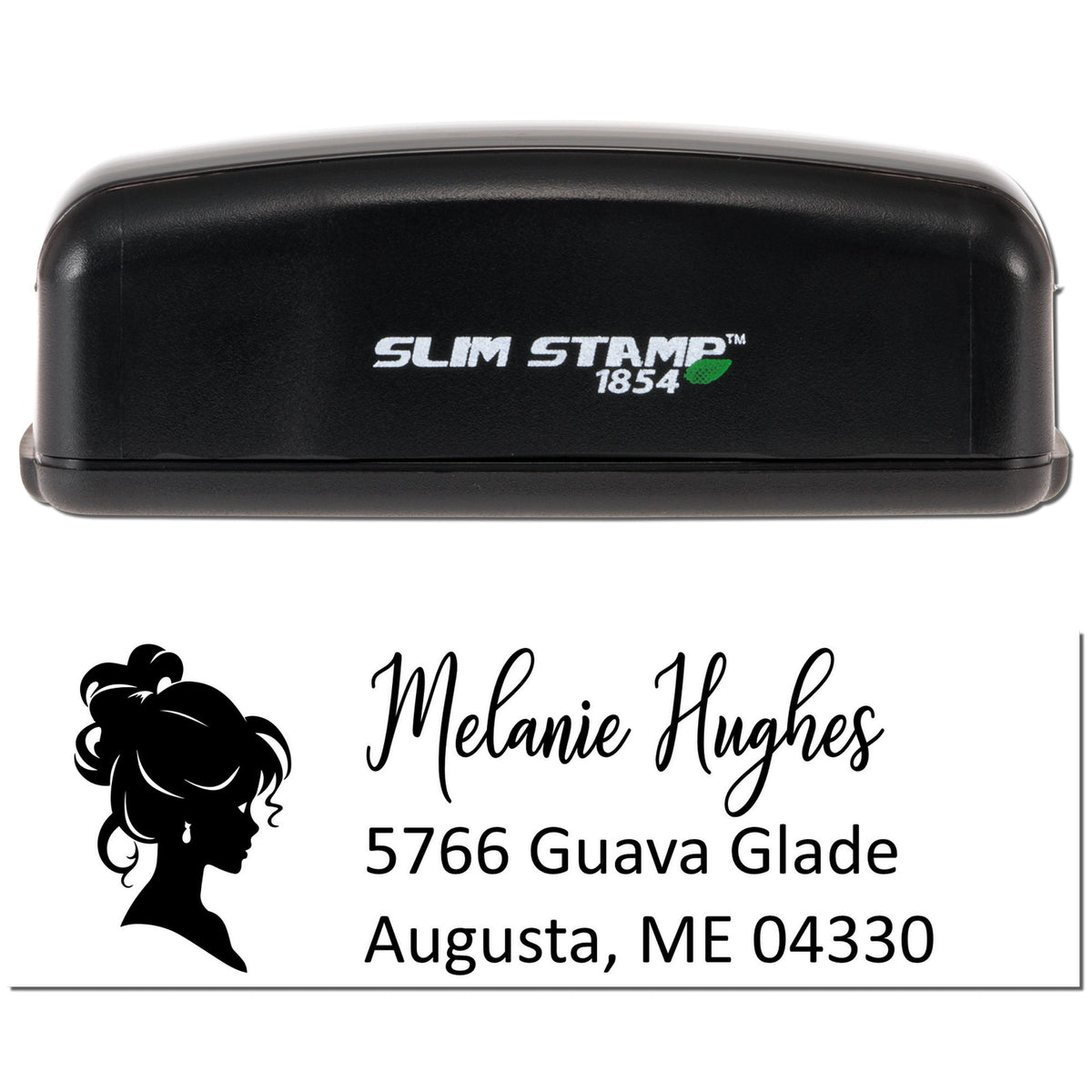 Personalized self-inking Slim Stamp 1854 rubber stamp with custom name, address, and logo for mailing use