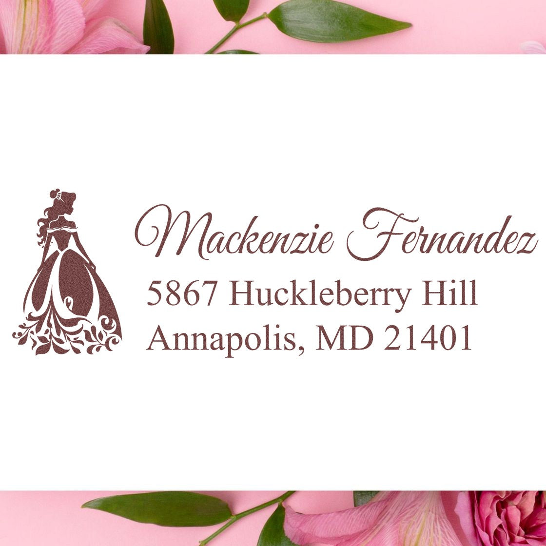 Custom wedding return address rubber stamp with bridal gown design for Mackenzie Fernandez, Annapolis, MD 21401.