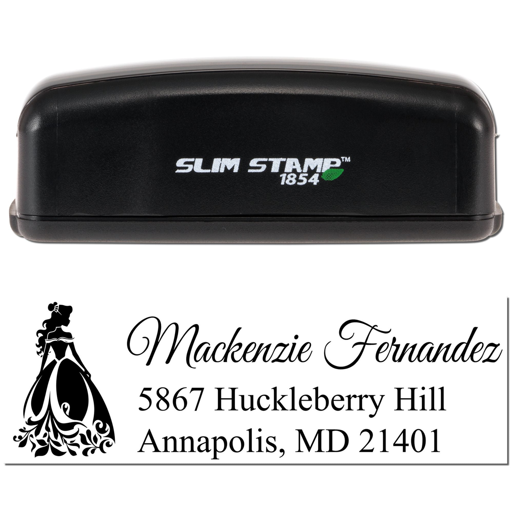 Custom Slim Stamp 1854 rubber stamp with personalized name and address for wedding invitations and return mailing.