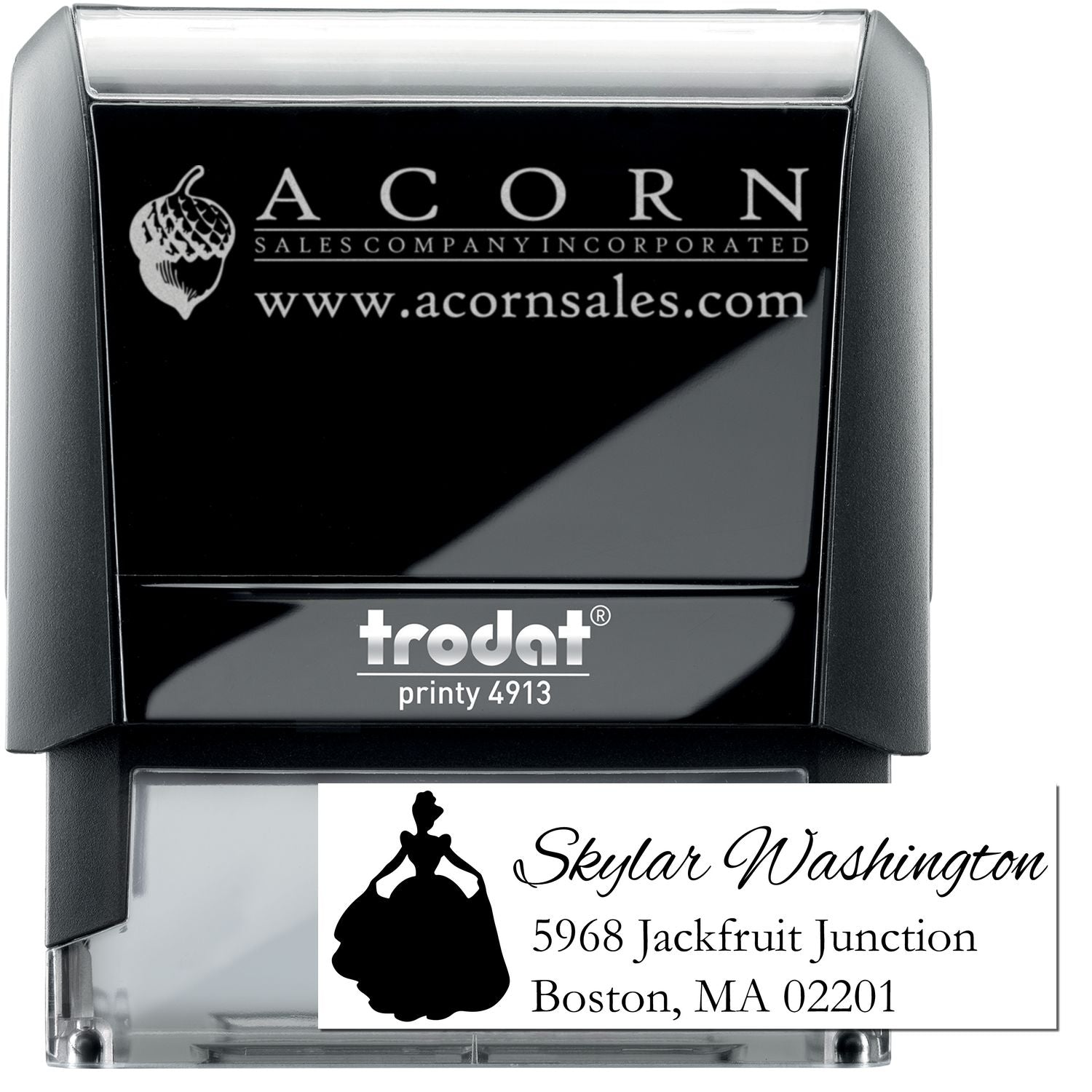 Trodat Printy 4913 custom self-inking rubber stamp with logo and address imprint samples.