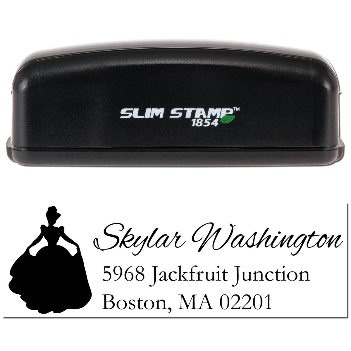 Slim Stamp 1854 self-inking rubber address stamp with custom wedding design for Skylar Washington, Boston MA 02201.