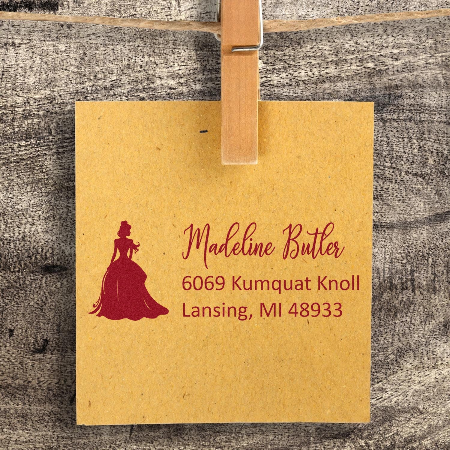 Custom return address rubber stamp with elegant silhouette design, perfect for personalized stationery and wedding invitations.