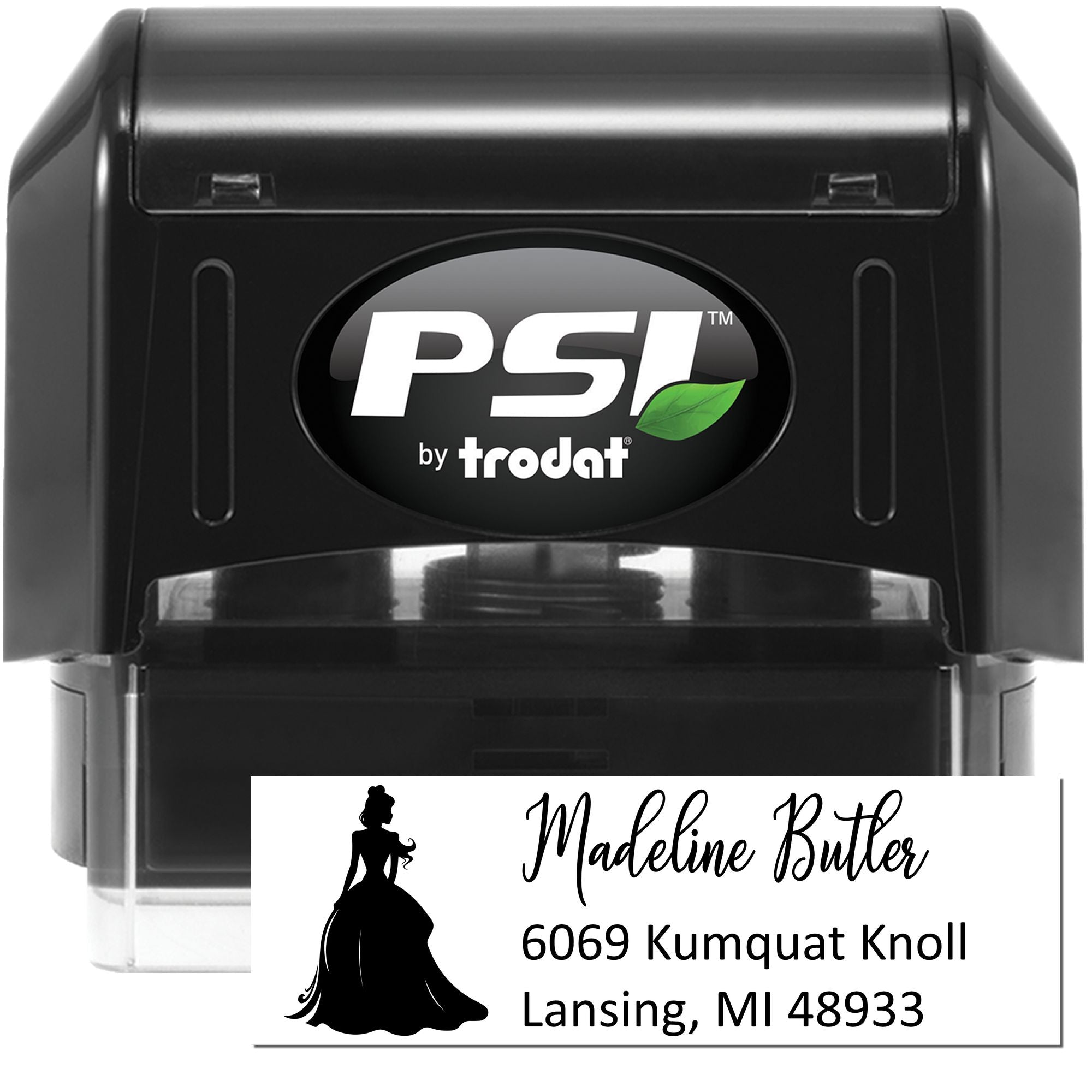 PSI by Trodat self-inking custom rubber stamp with name and address imprint for mailing labels and business use.