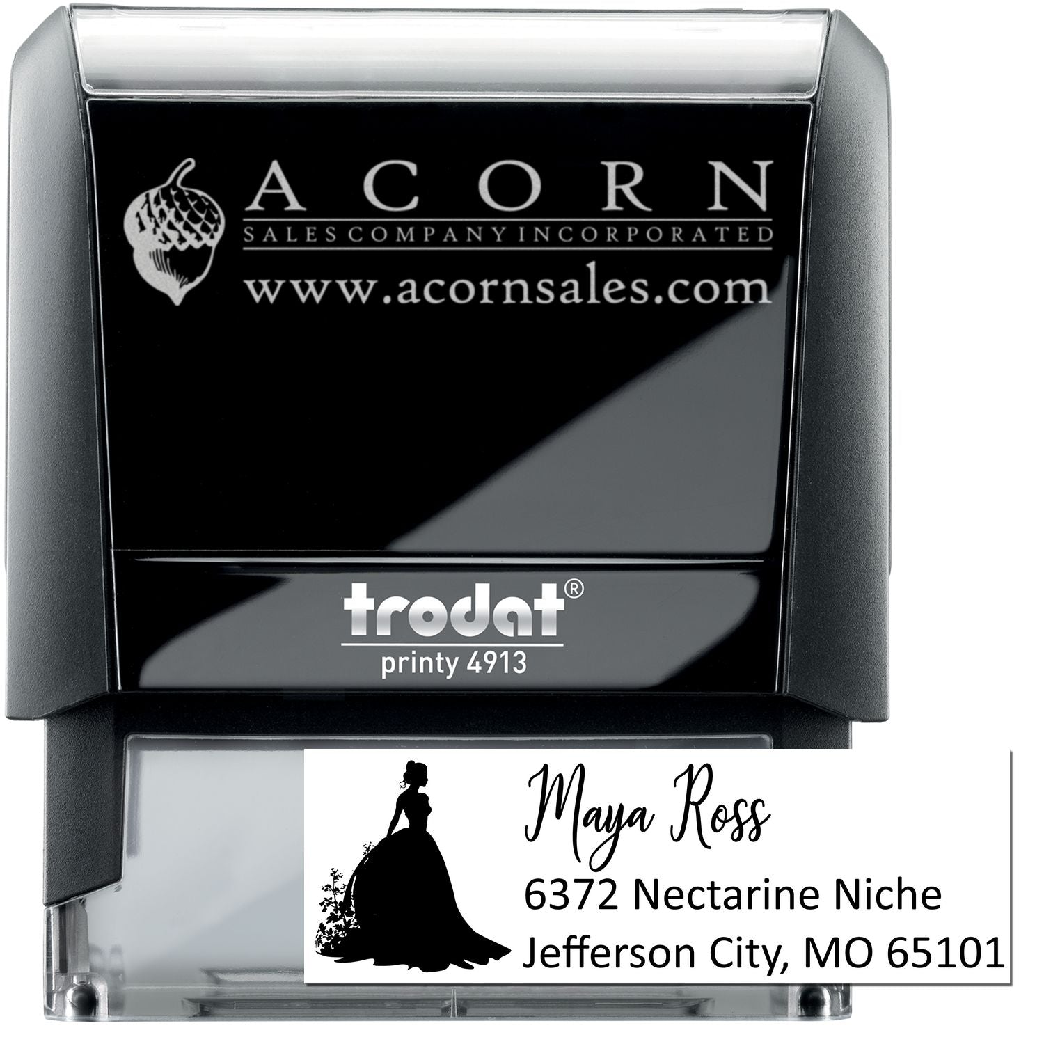 Trodat Printy 4913 self-inking rubber stamp with custom business logo and return address imprint for branding.