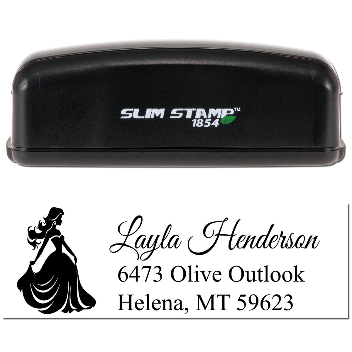 Slim Stamp 1854 custom self-inking address rubber stamp with elegant silhouette design for personalized mailing.