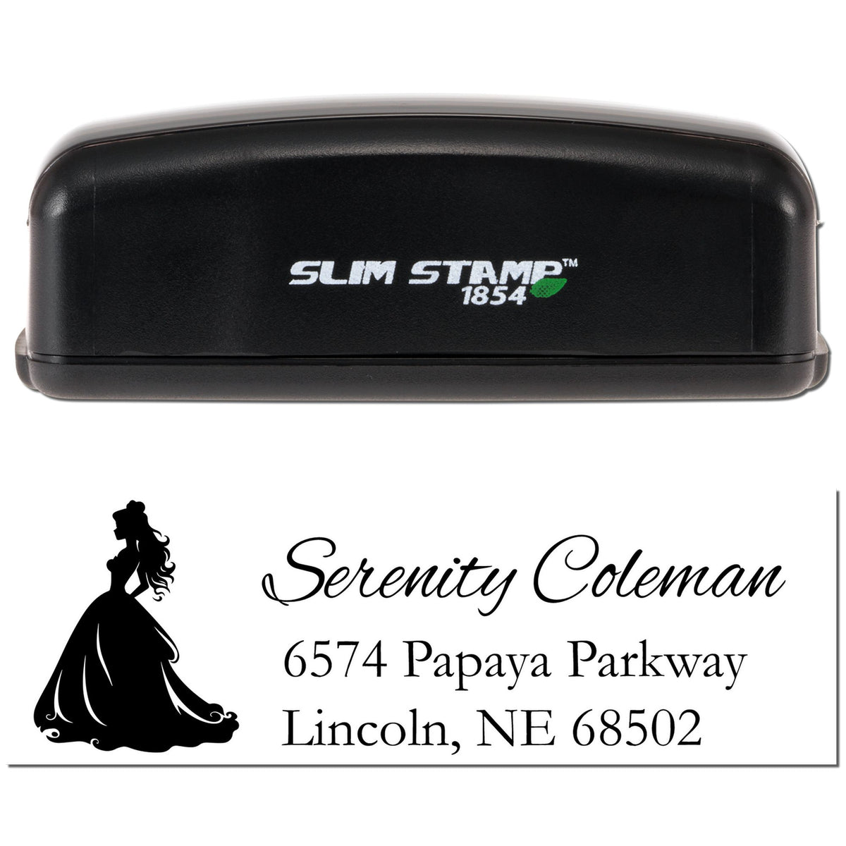 Slim Stamp 1854 custom address rubber stamp with bride silhouette for Serenity Coleman, Lincoln, NE