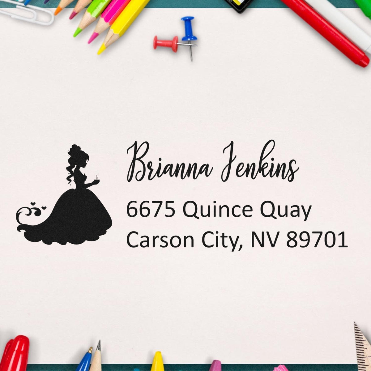 Custom rubber stamp with princess silhouette and return address for wedding invitations, envelopes, and stationery.