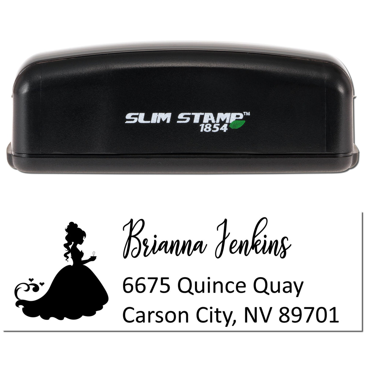 Custom self-inking address rubber stamp with princess silhouette for Brianna Jenkins, Carson City, NV.