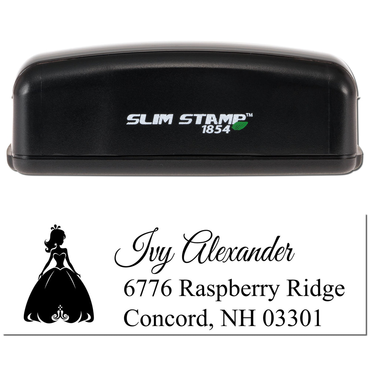 Slim Stamp 1854 personalized rubber return address stamp with princess silhouette for Ivy Alexander, Concord, NH 03301