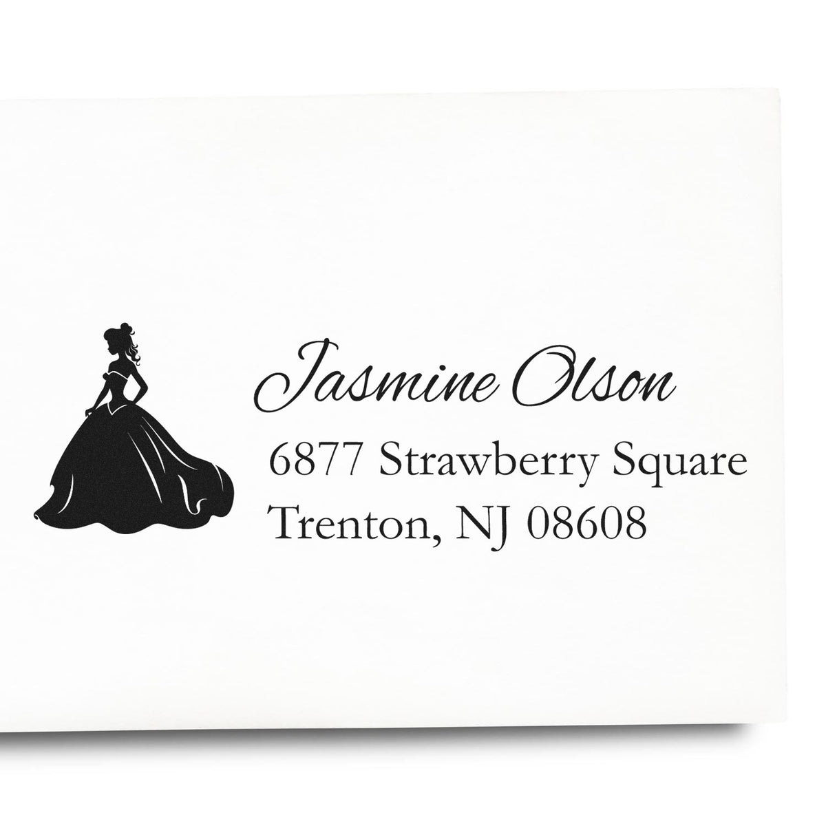 Custom address rubber stamp with princess silhouette for Jasmine Olson, Trenton, NJ 08608.