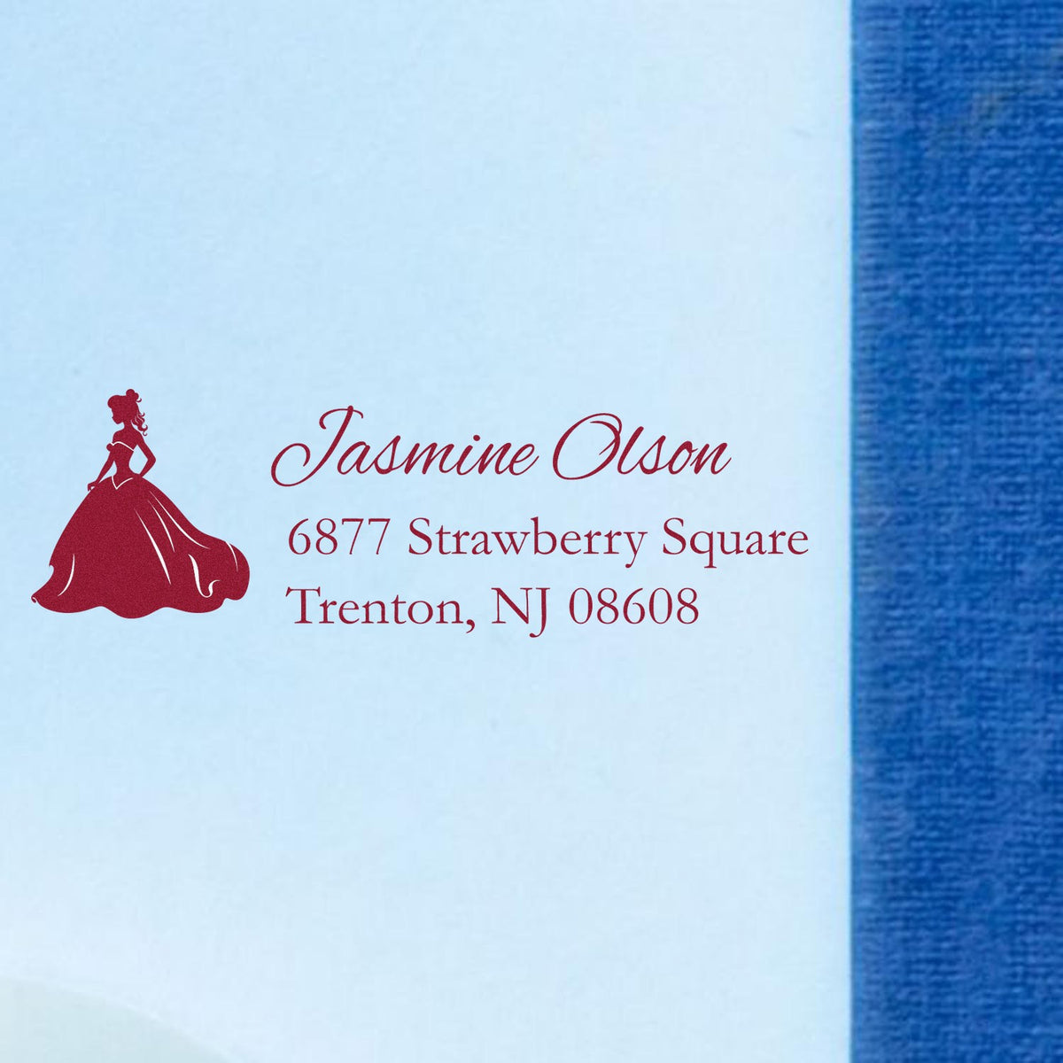 Custom return address rubber stamp with princess silhouette, featuring Jasmine Olsons name and Trenton, NJ address.