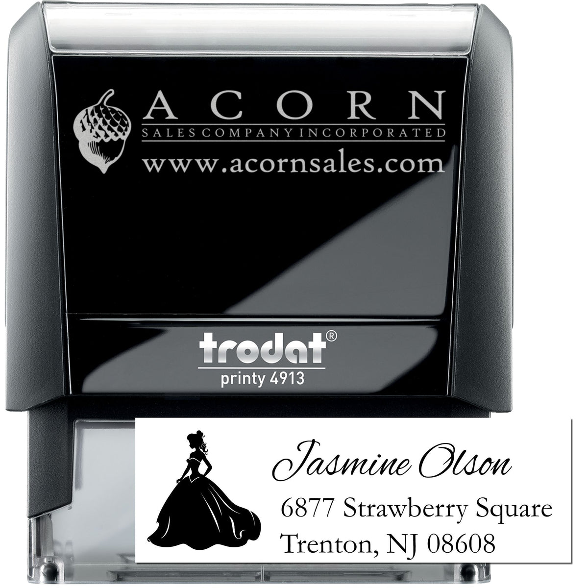 Trodat Printy 4913 custom self-inking rubber stamp with logo and return address imprint for business mailing.