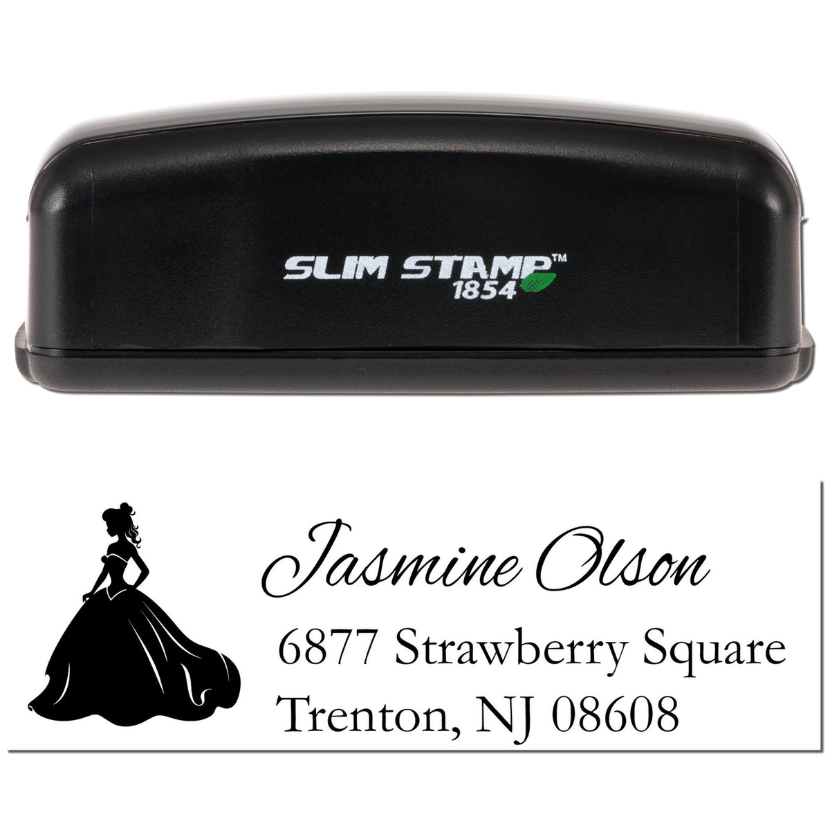 Slim Stamp 1854 custom rubber stamp for wedding address labels with bride silhouette and personalized name, Trenton NJ address