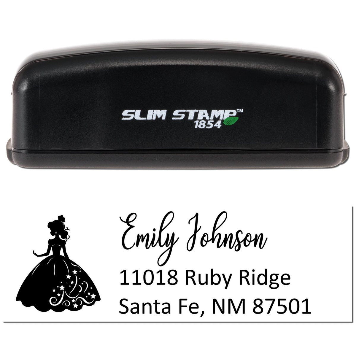 Slim Stamp 1854 self-inking custom rubber stamp with princess return address for Emily Johnson, Santa Fe, NM 87501.