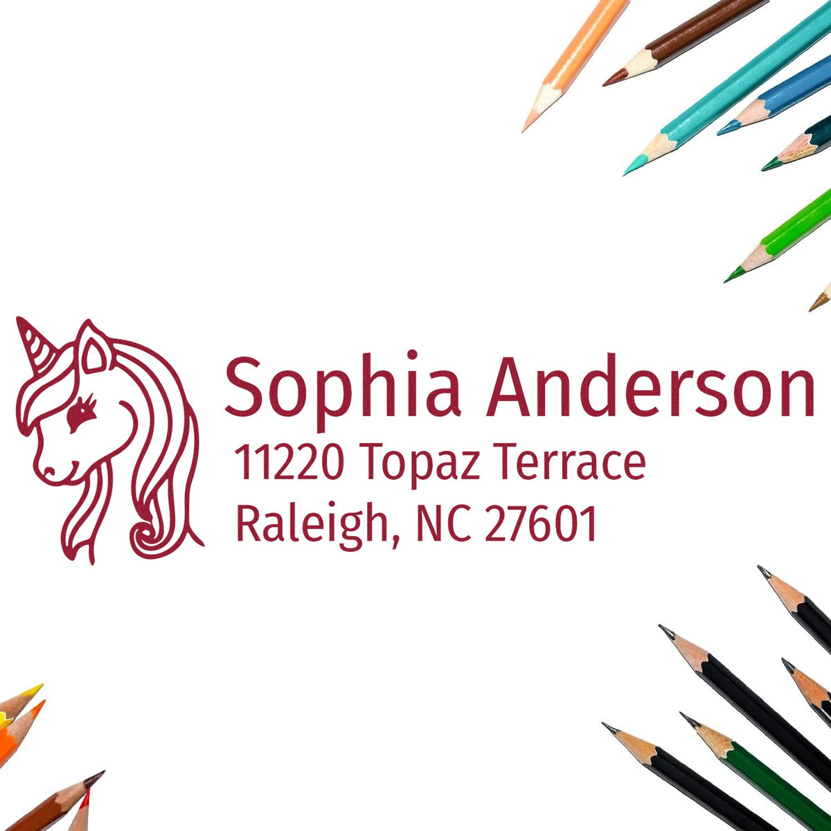 Custom unicorn return address rubber stamp for Sophia Anderson, Raleigh NC 27601, framed by colored pencils.