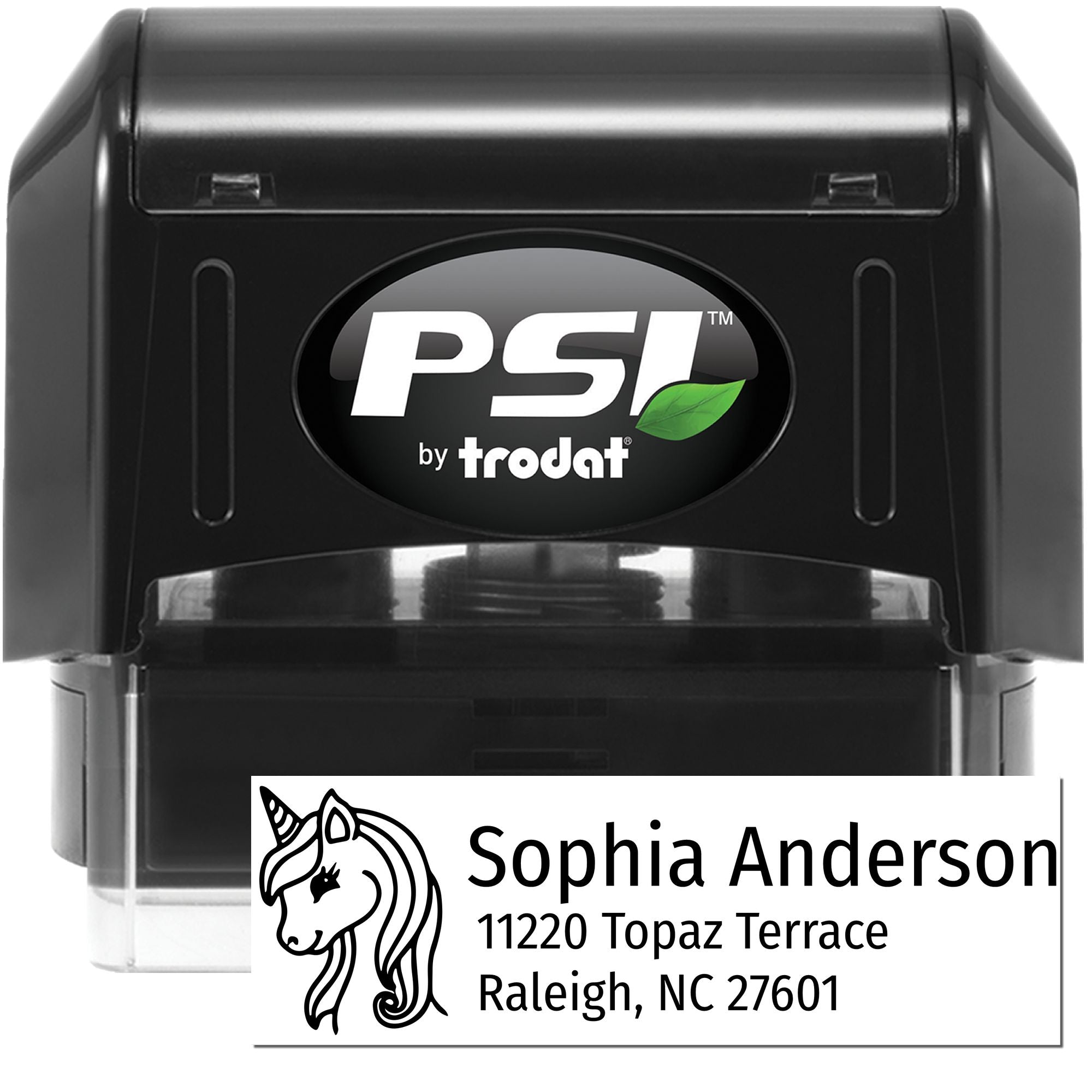 Custom self-inking return address rubber stamp with unicorn design, PSI by Trodat stamp for Sophia Anderson.