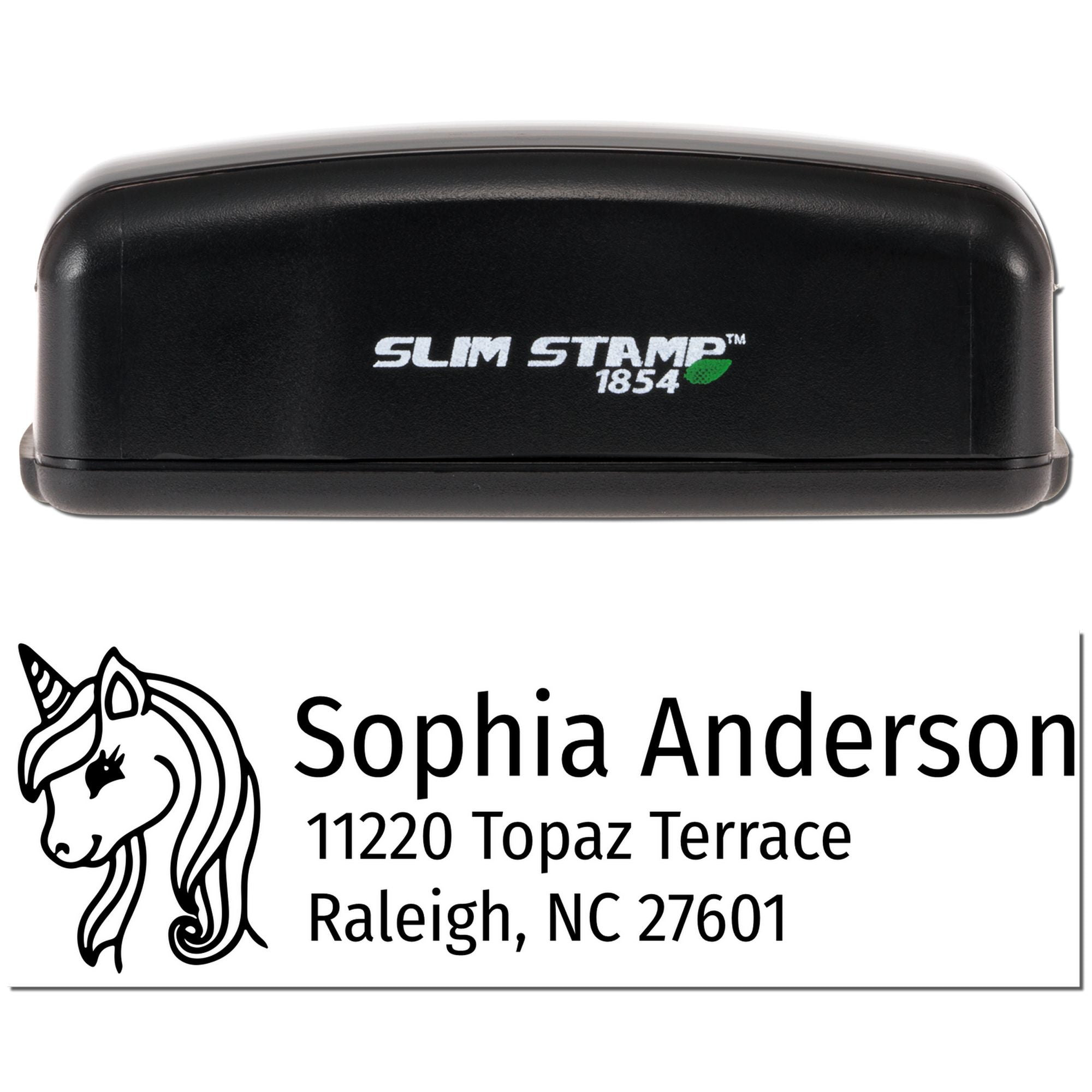 Slim Stamp 1854 self-inking rubber stamp with custom unicorn address imprint for Sophia Anderson, Raleigh, NC 27601.