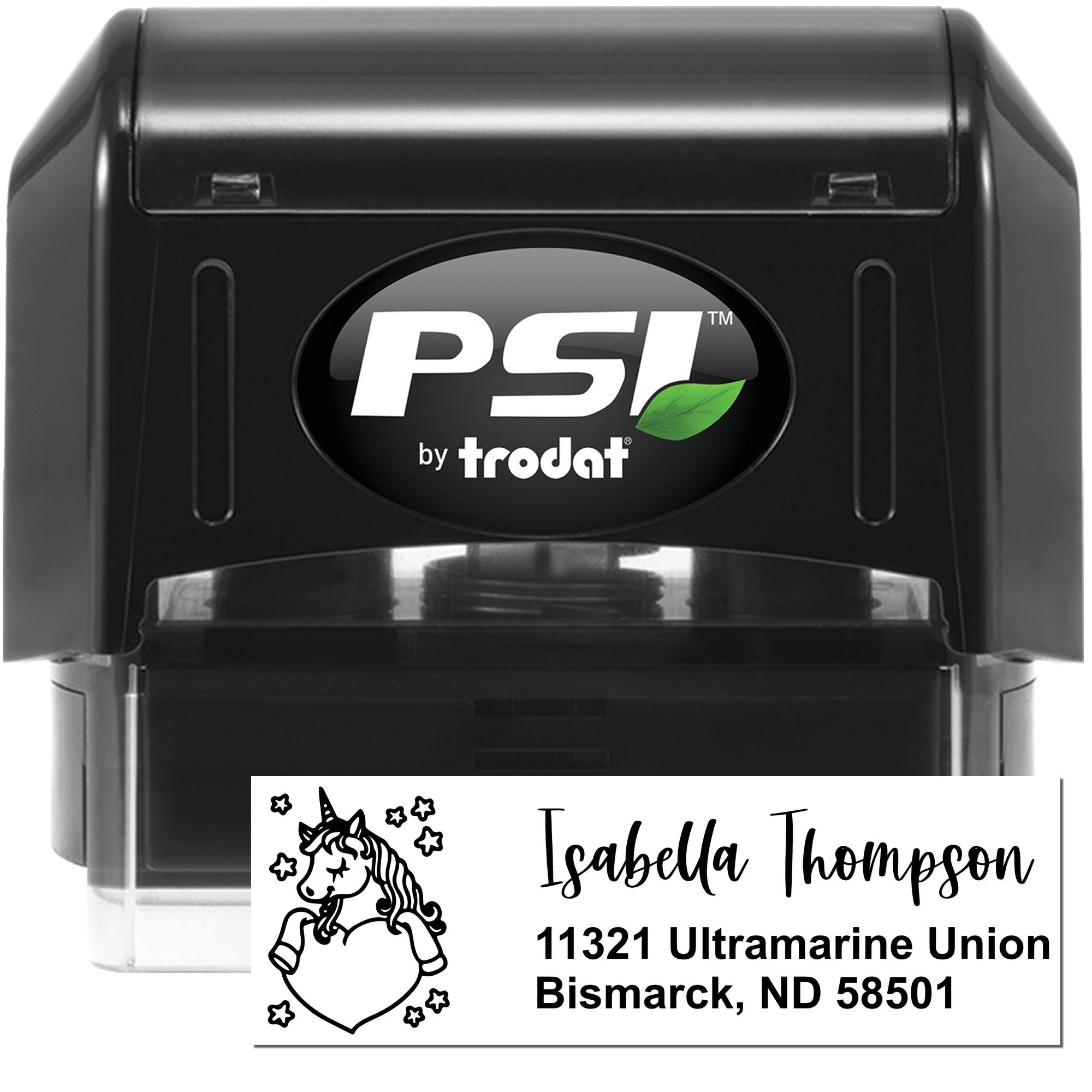 PSI by Trodat self-inking custom address stamp featuring unicorn return address design for personalized mailing and stationery.
