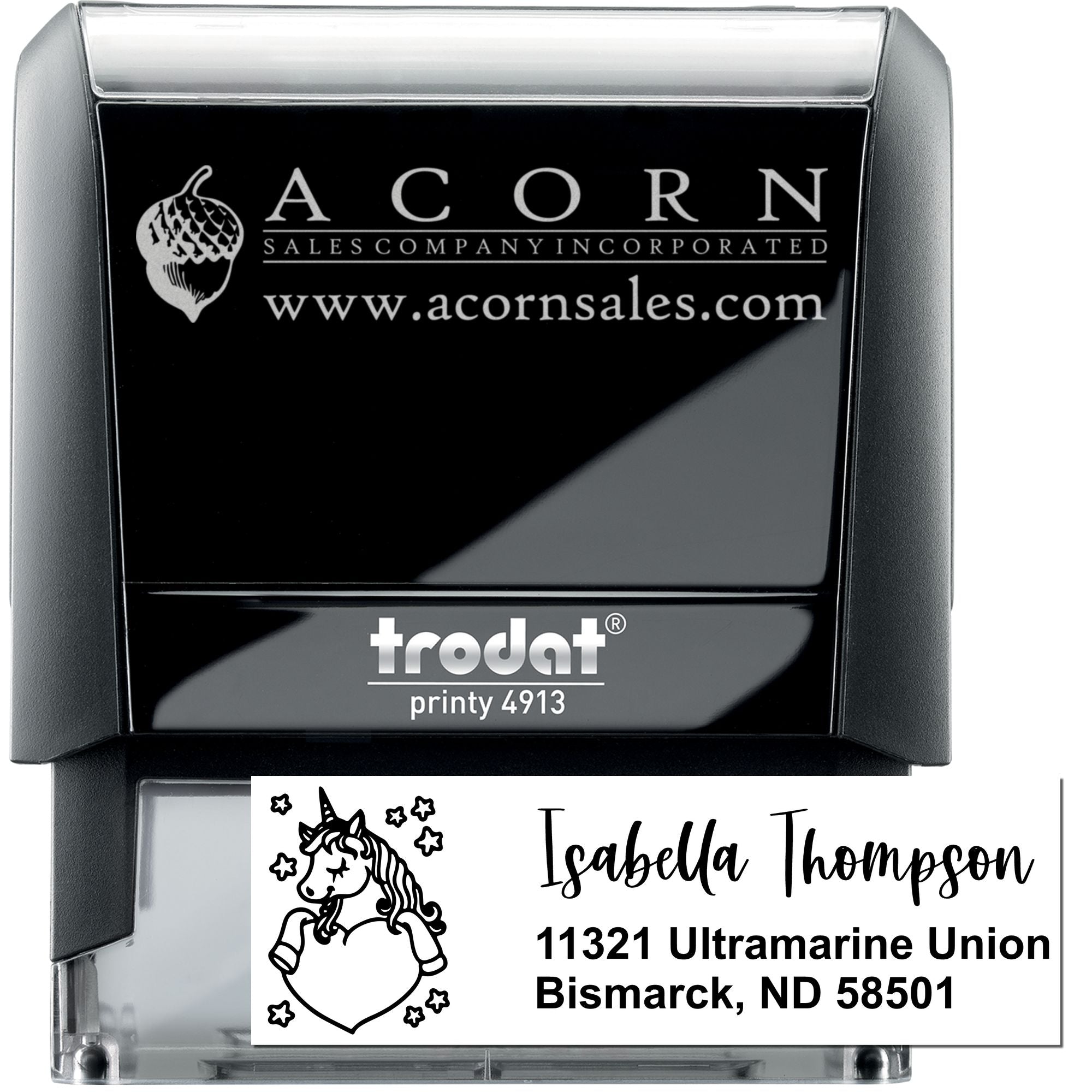 Custom self-inking rubber stamp with logo and address, ideal for business branding, invoices, and mailing.