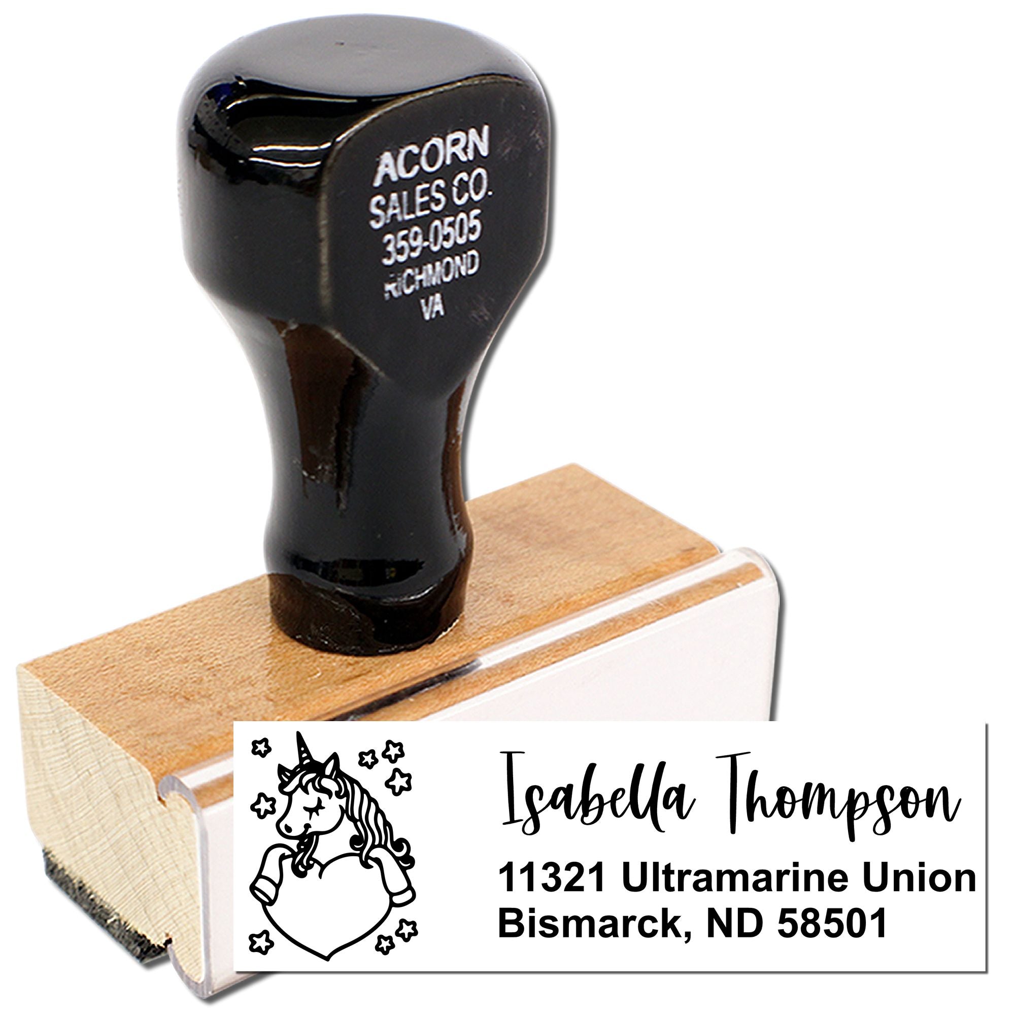 Custom unicorn address rubber stamp with name and Bismarck, ND address for mailing and personalized stationery.