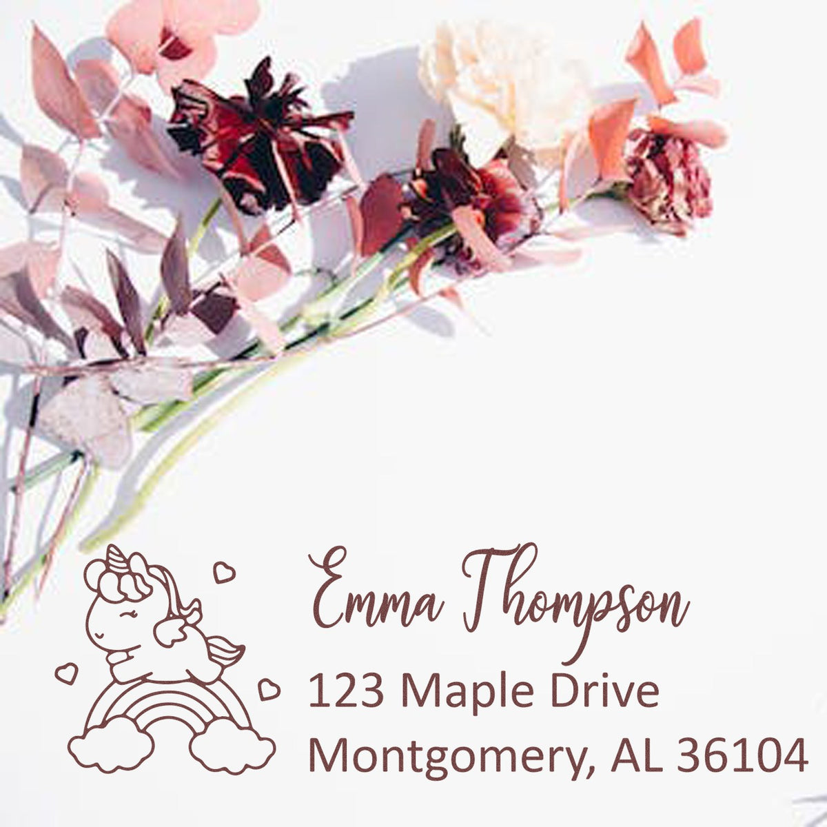Personalized unicorn return address rubber stamp with name and address for invitations and mailings.