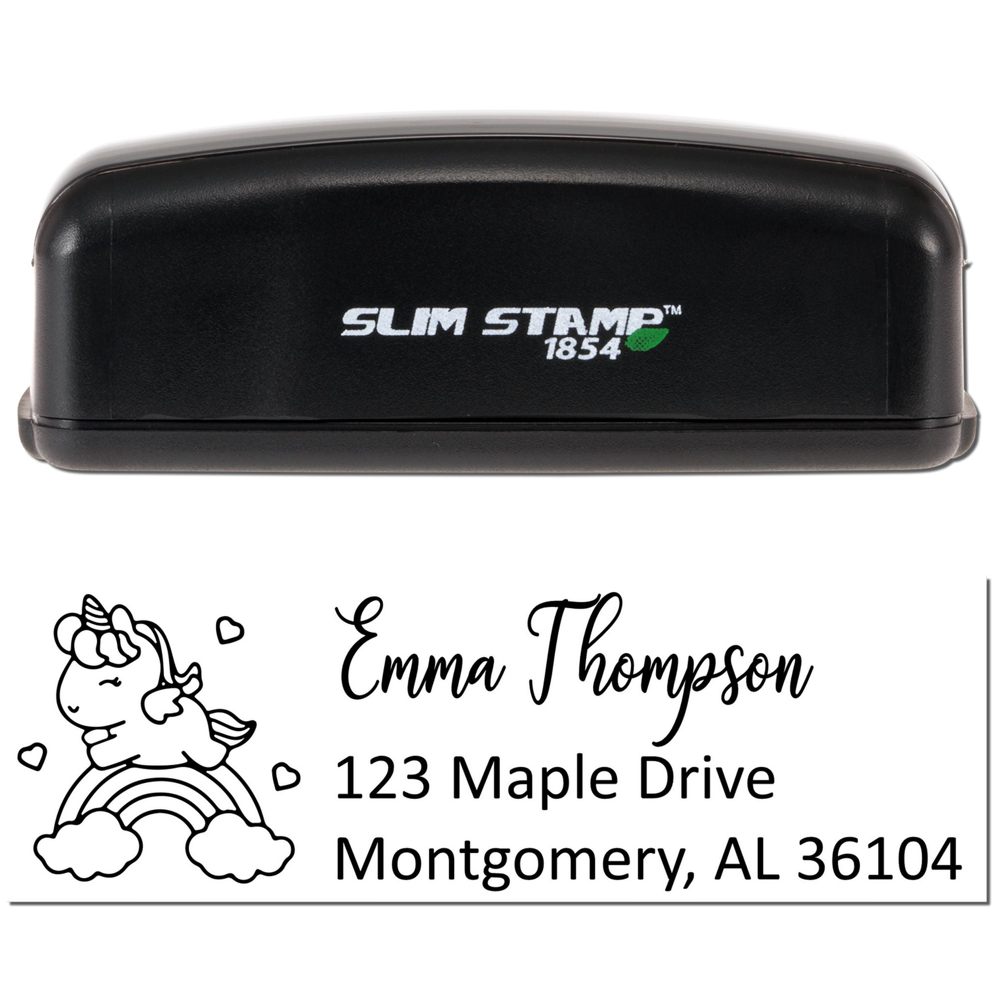Custom Slim Stamp 1854 self-inking return address stamp with unicorn design for Emma Thompson, 123 Maple Drive, Montgomery, AL 36104.