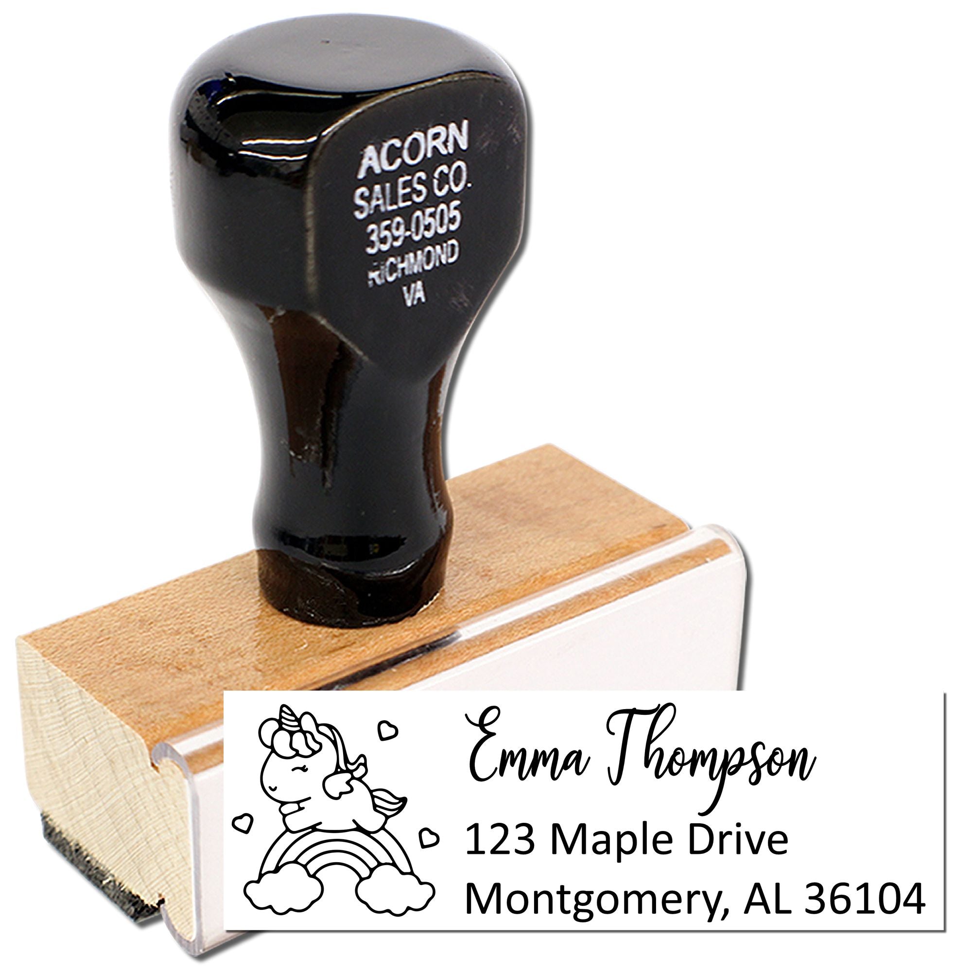 Custom unicorn return address rubber stamp with name and address for personalized mailing and envelopes.