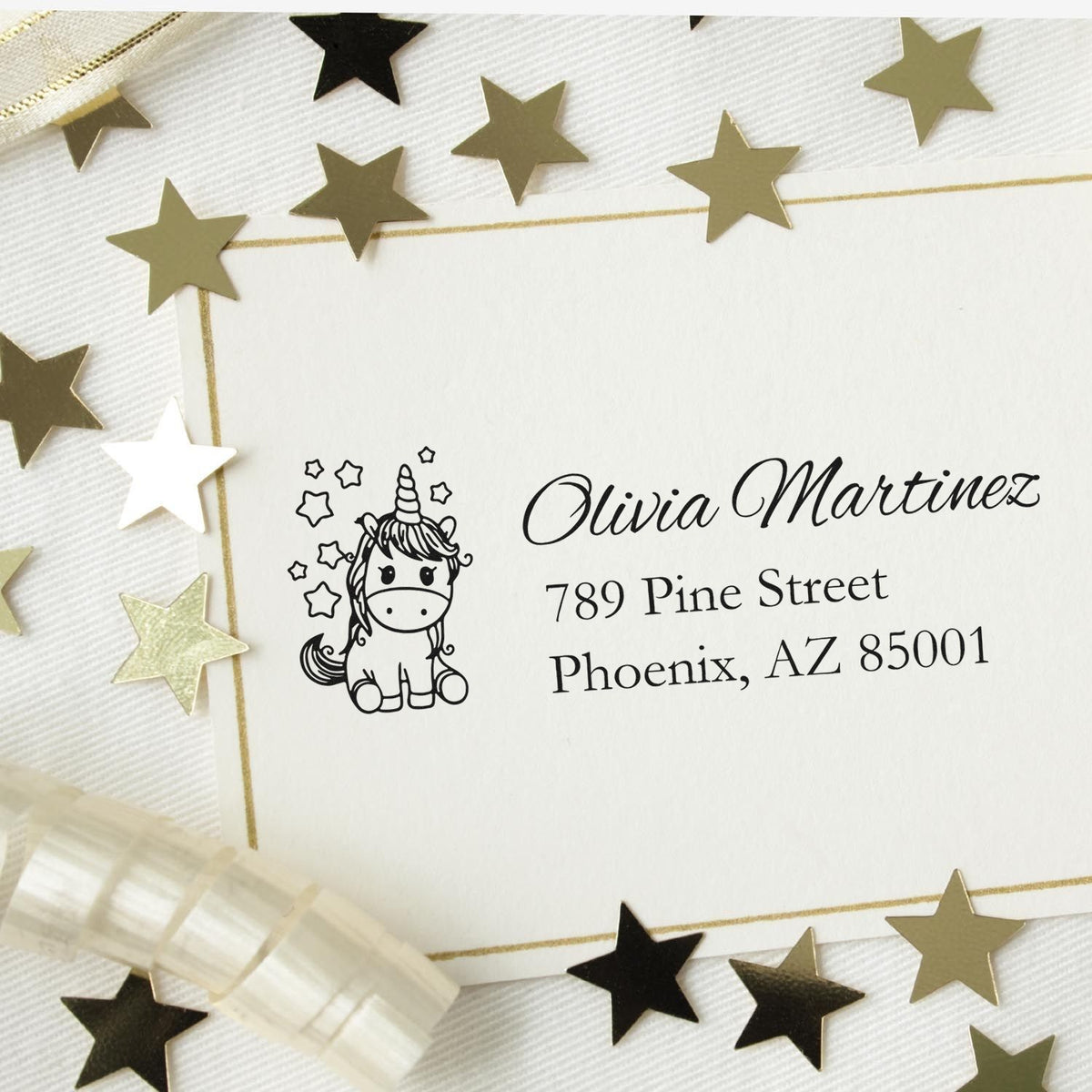 Personalized unicorn address rubber stamp with name and return address, perfect for custom stationery and envelopes