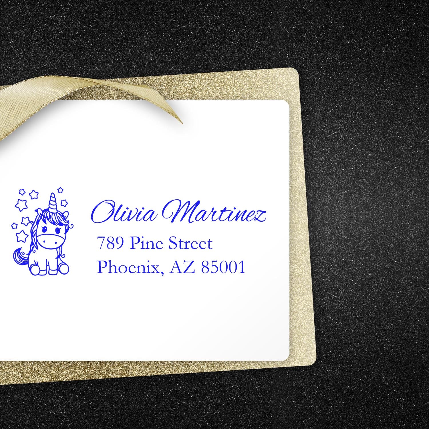 Personalized unicorn return address rubber stamp with Olivia Martinez name and Phoenix, AZ address mockup