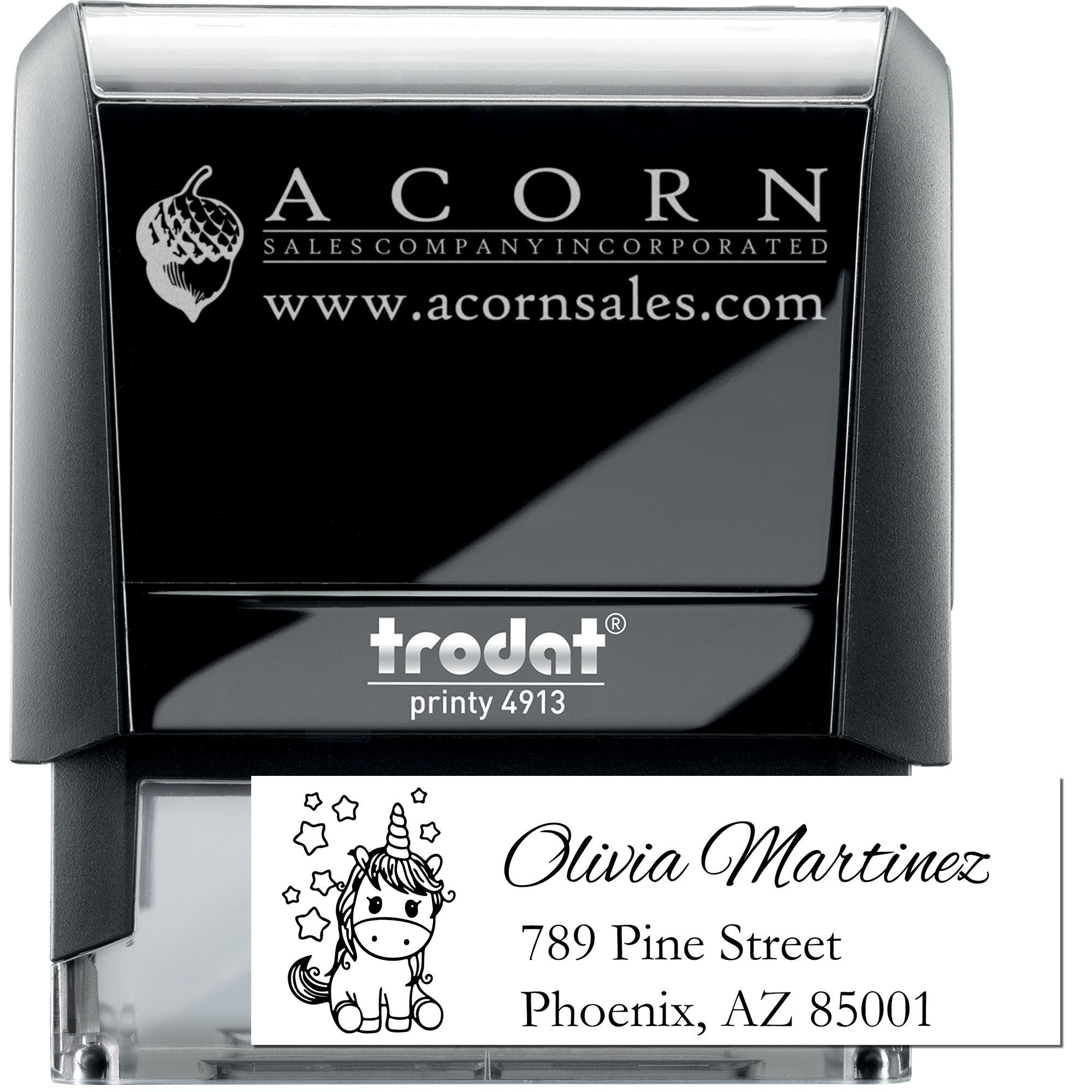 Custom self-inking rubber stamp with logo, address, and decorative imprint, Trodat Printy 4913 personalized stamp.