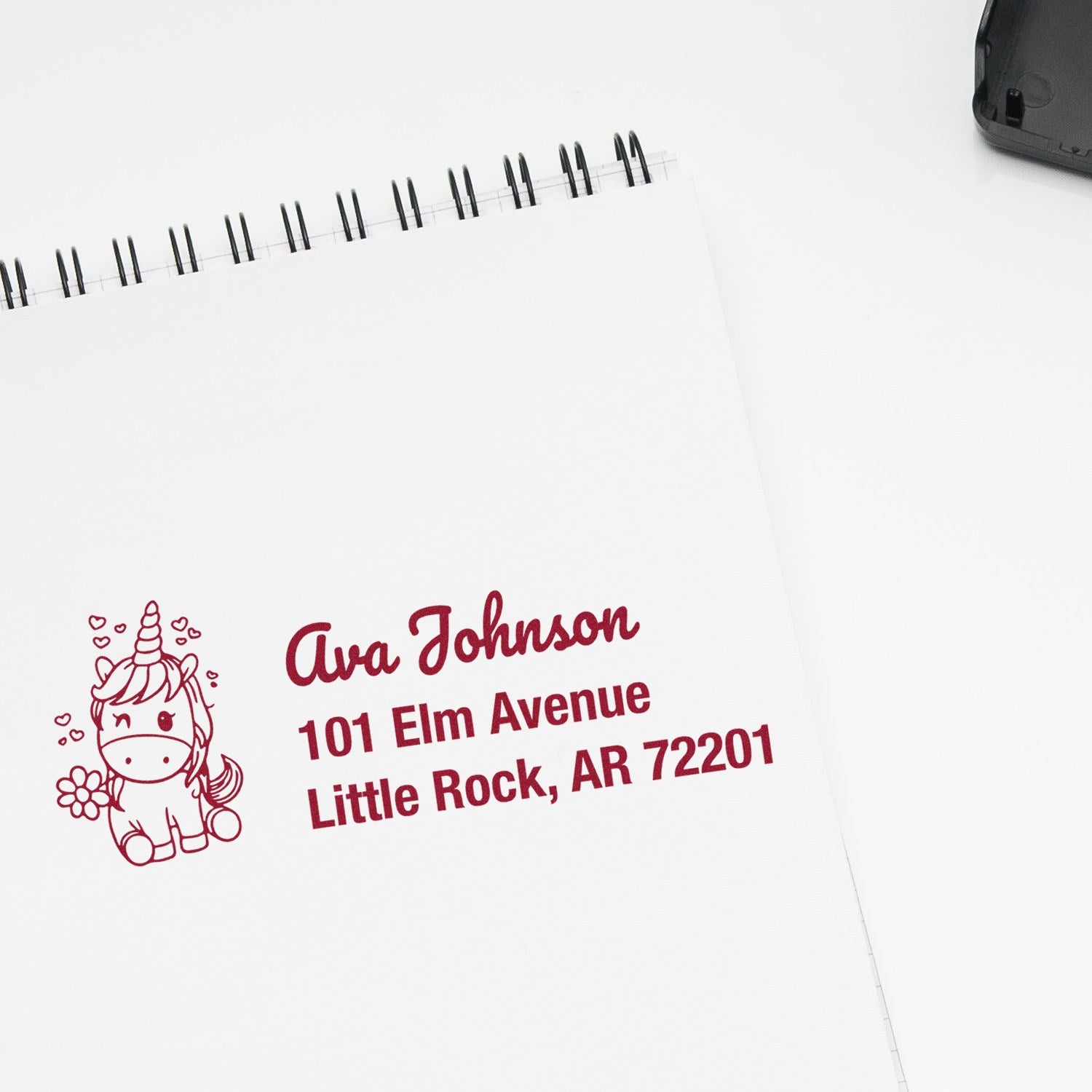 Custom unicorn return address rubber stamp for envelopes, featuring name and Little Rock, AR address.