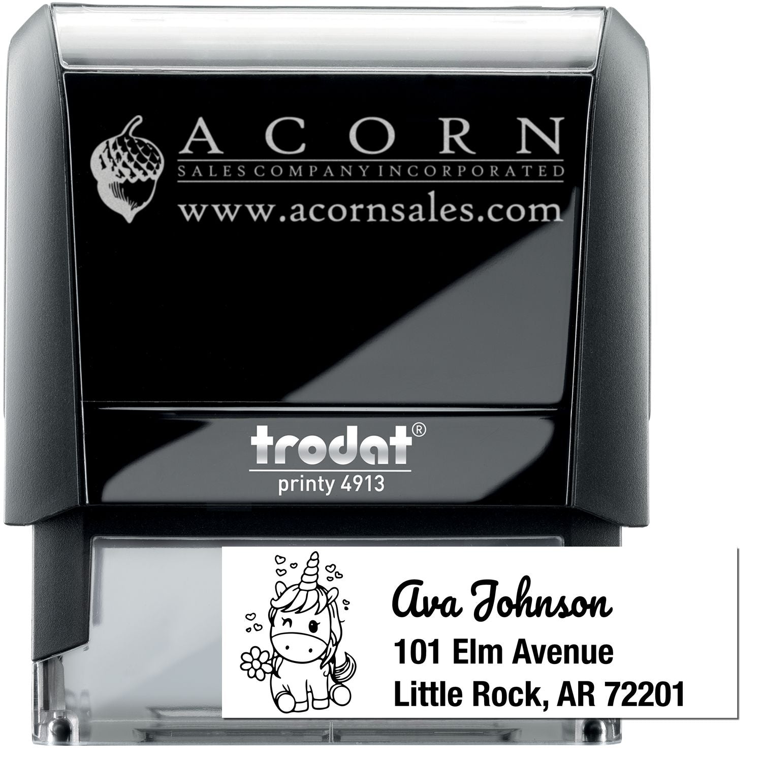 Custom self-inking rubber stamp with logo and return address, ideal for business mailing and personalized branding.