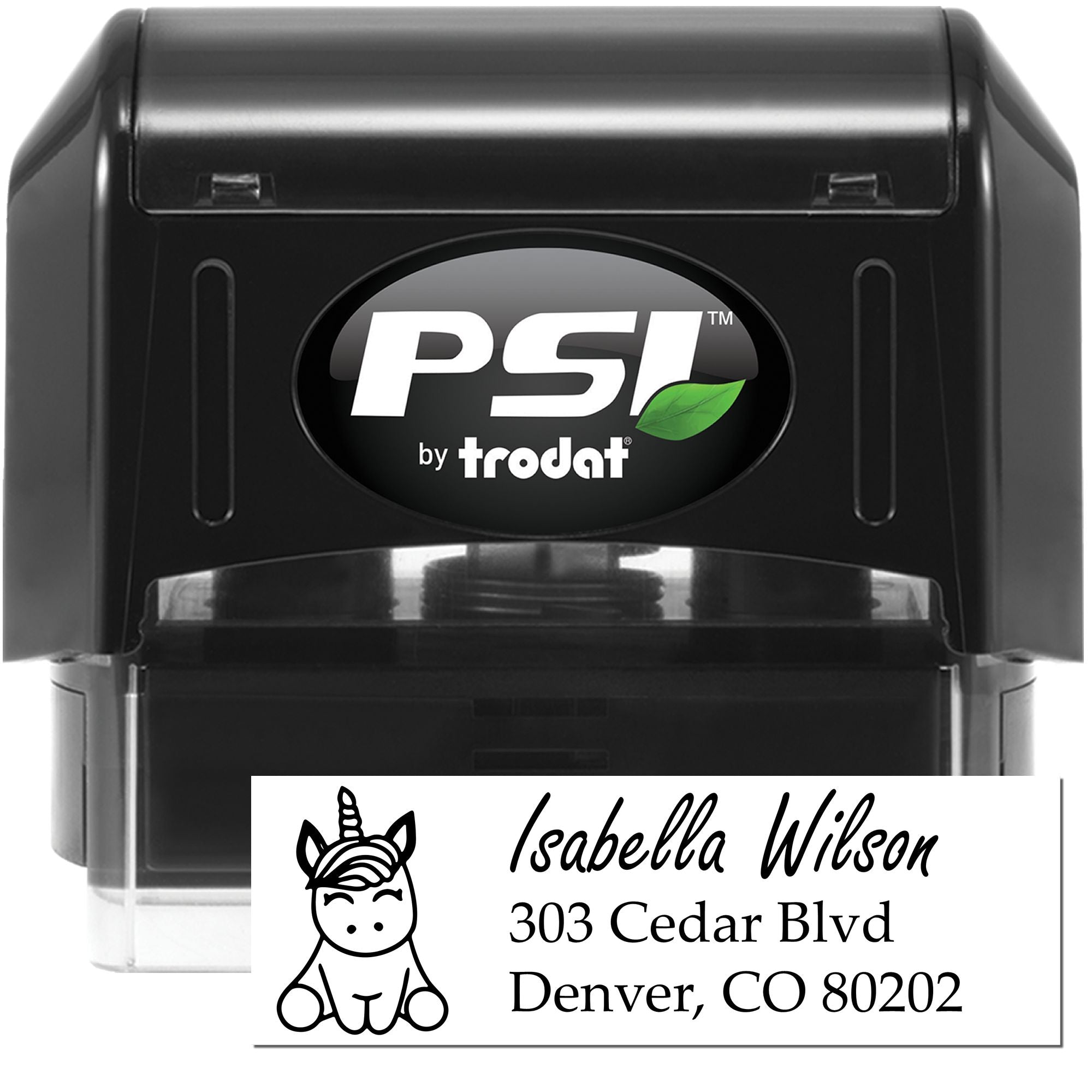 PSI by Trodat custom self-inking return address rubber stamp with unicorn icon, ideal for personal mailing and envelopes.