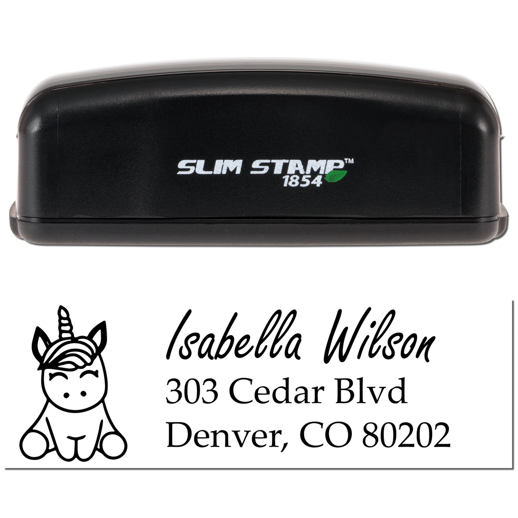 Custom unicorn address rubber stamp with Slim Stamp 1854 self-inking case for Isabella Wilson, Denver, CO 80202.