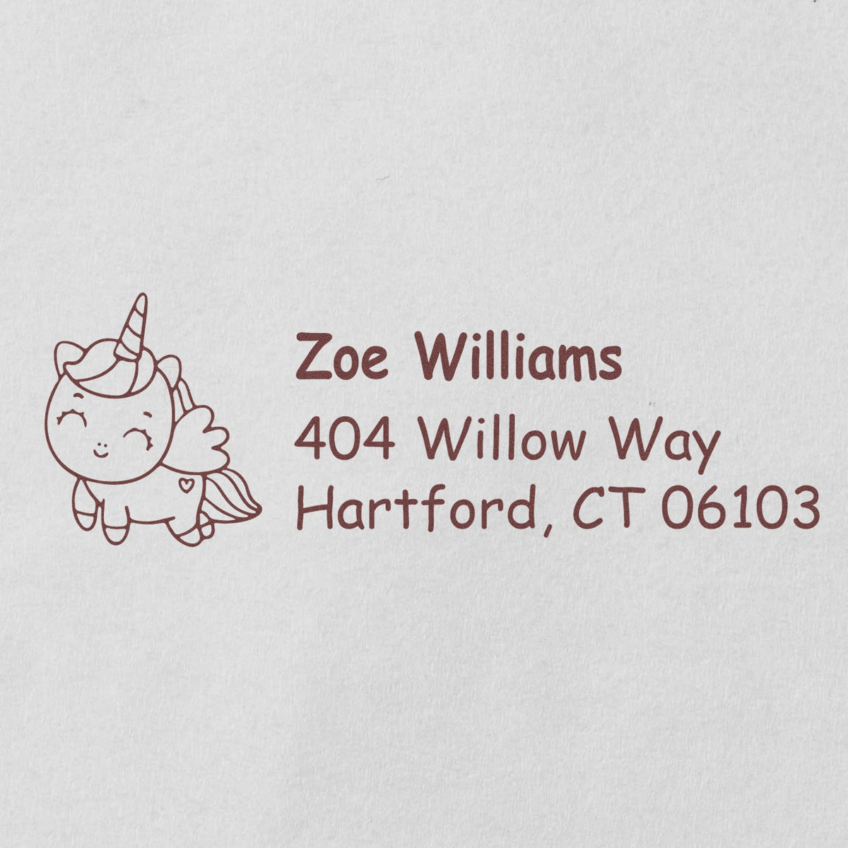 Custom unicorn address rubber stamp for Zoe Williams, Hartford, CT 06103, for personal mailing use