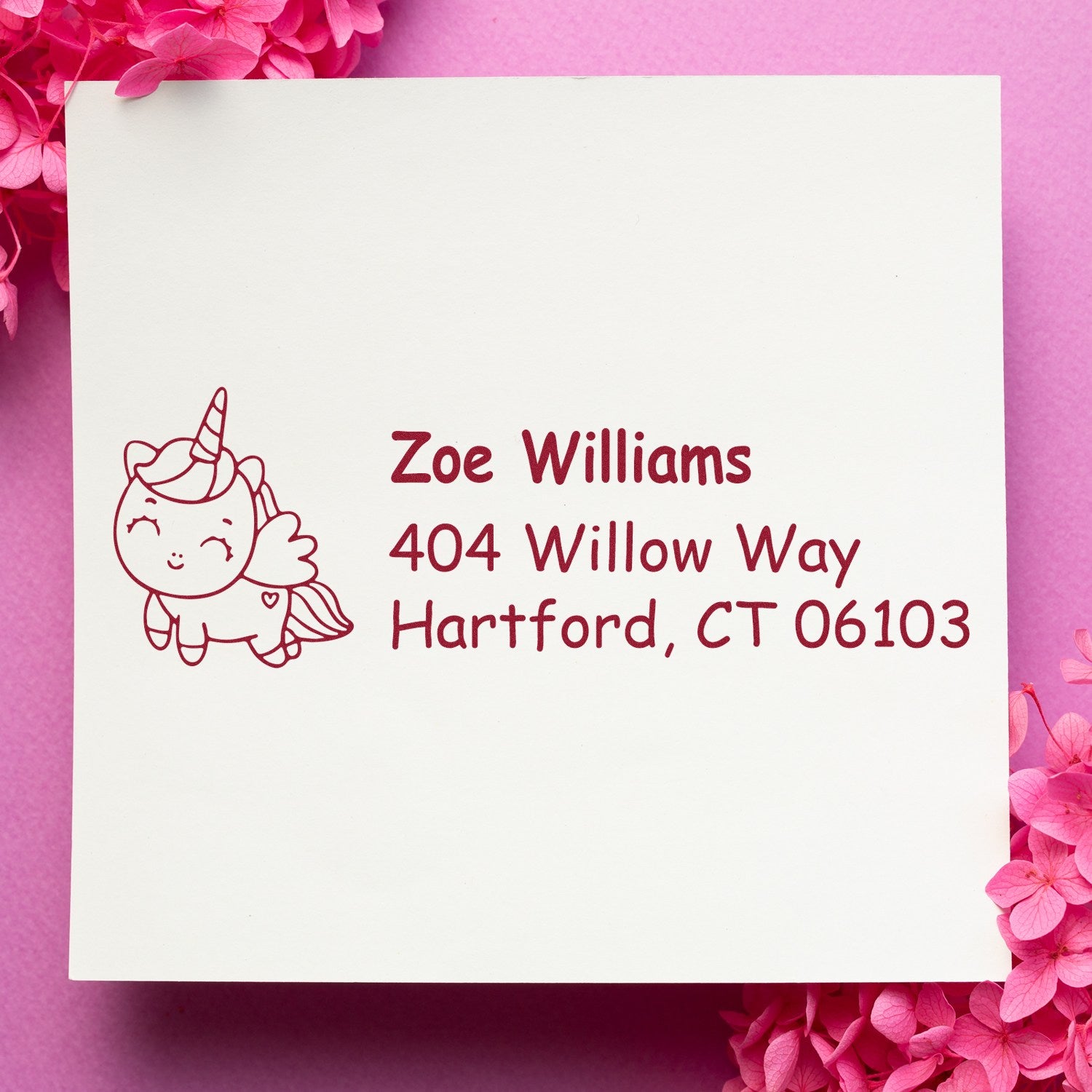 Personalized unicorn return address rubber stamp with name and address, ideal for custom stationery and mailing labels.