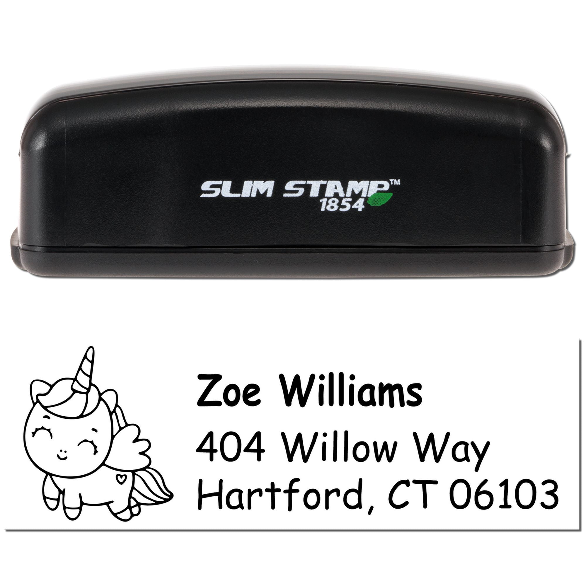 Custom self-inking unicorn address rubber stamp for Zoe Williams, 404 Willow Way, Hartford, CT 06103 with Slim Stamp 1854 case