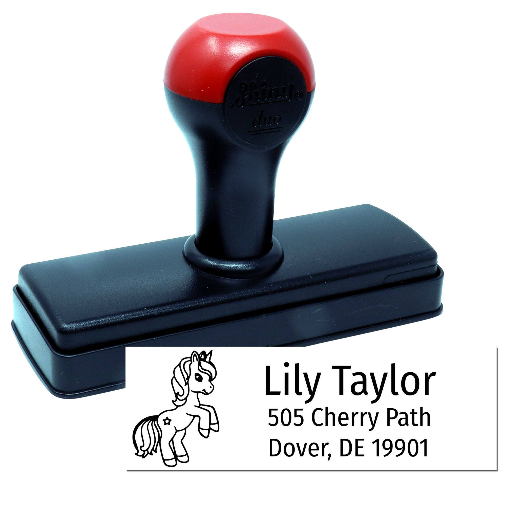 Personalized self-inking rubber address stamp with horse logo for Lily Taylor, Dover, DE 19901, ideal for envelopes.