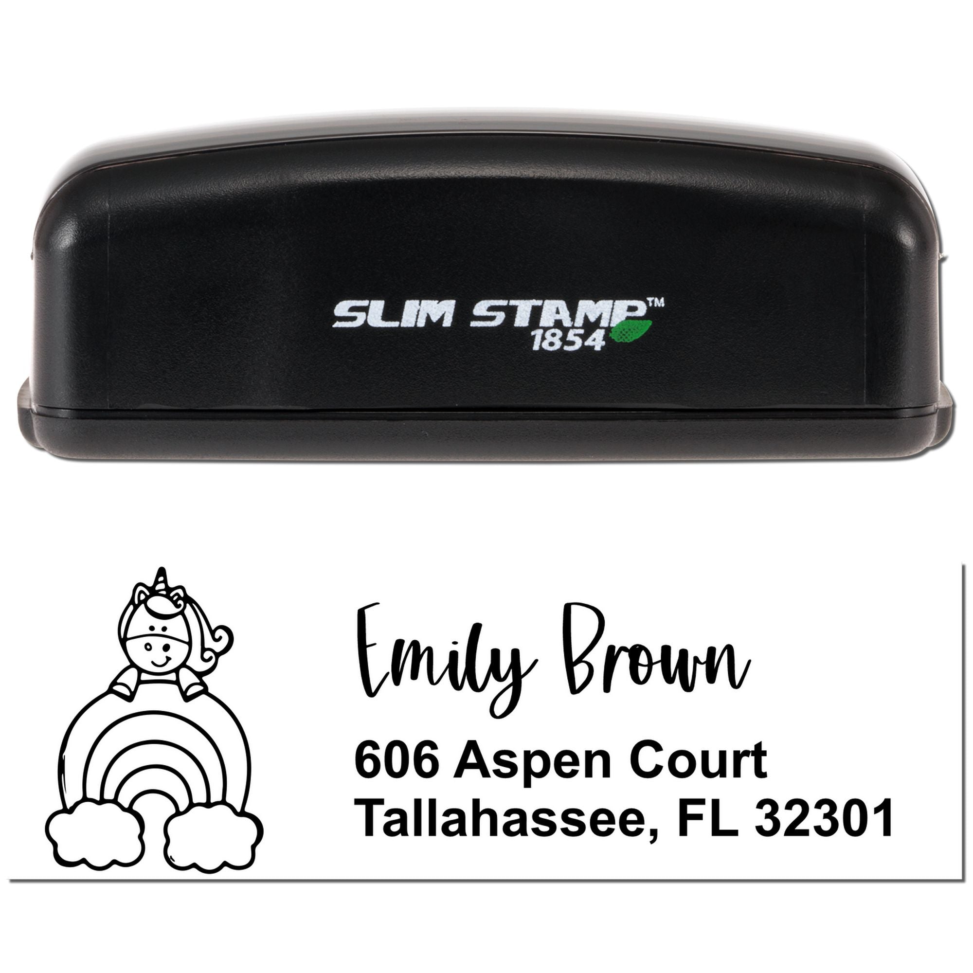 Slim Stamp 1854 self-inking custom unicorn return address rubber stamp for Emily Brown, Tallahassee, FL