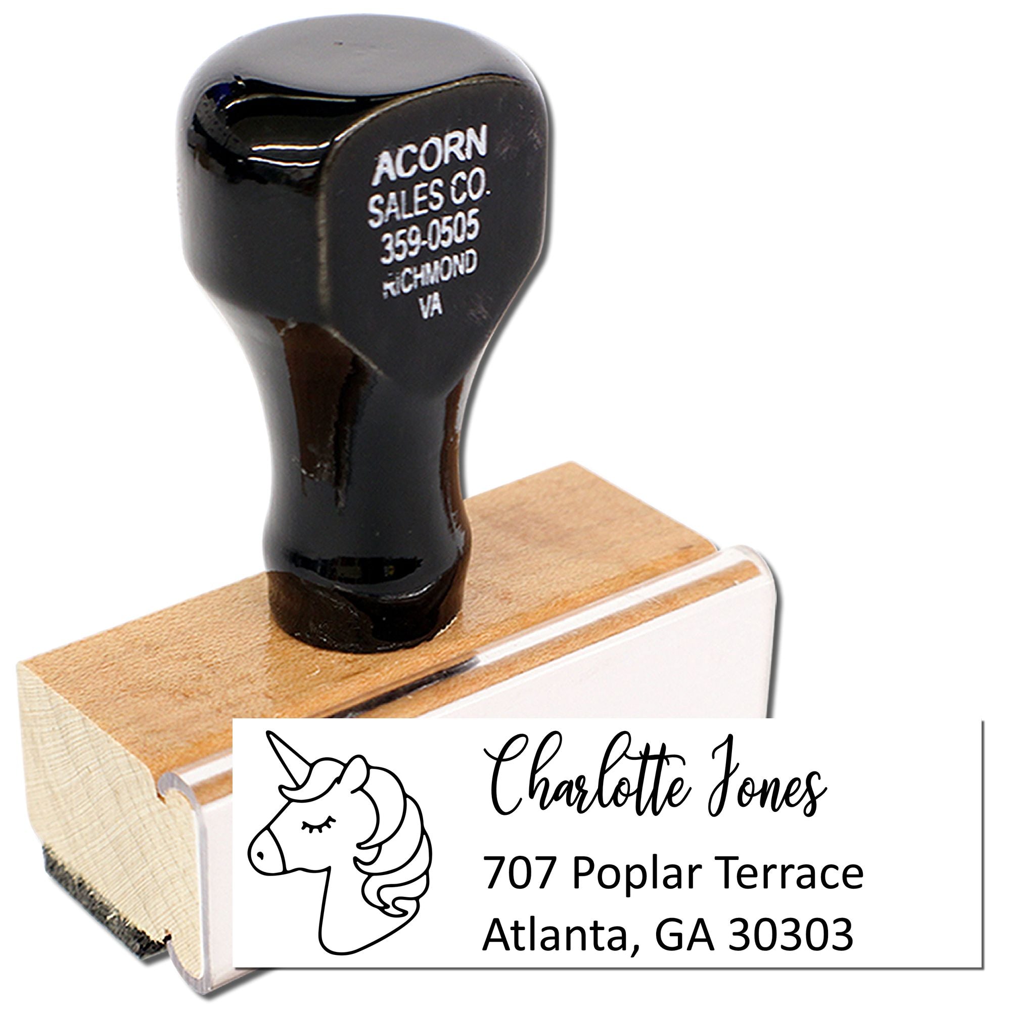 Personalized unicorn address rubber stamp with Charlotte Jones name and Atlanta, GA return address.