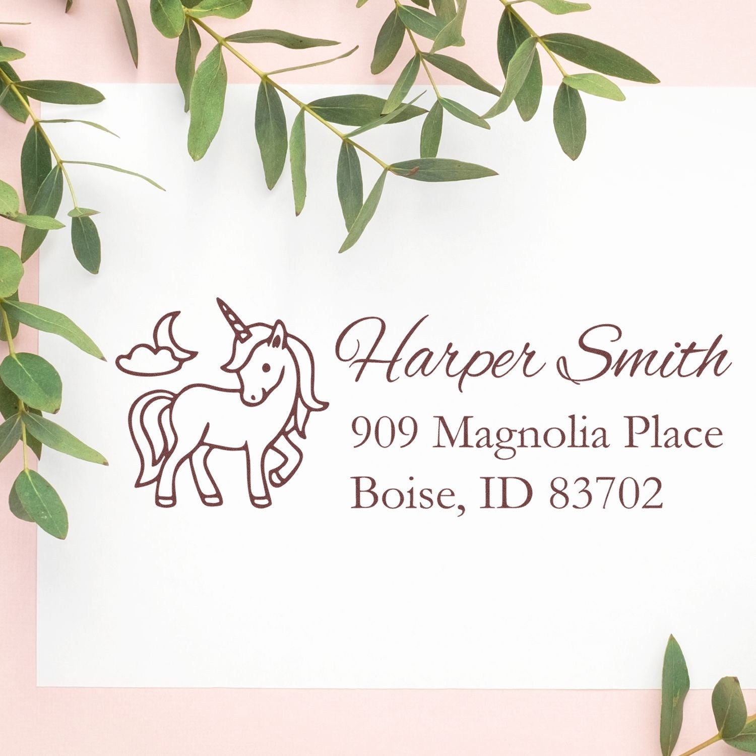 Custom unicorn return address rubber stamp with Harper Smith name and Boise, ID address for personalized stationery.