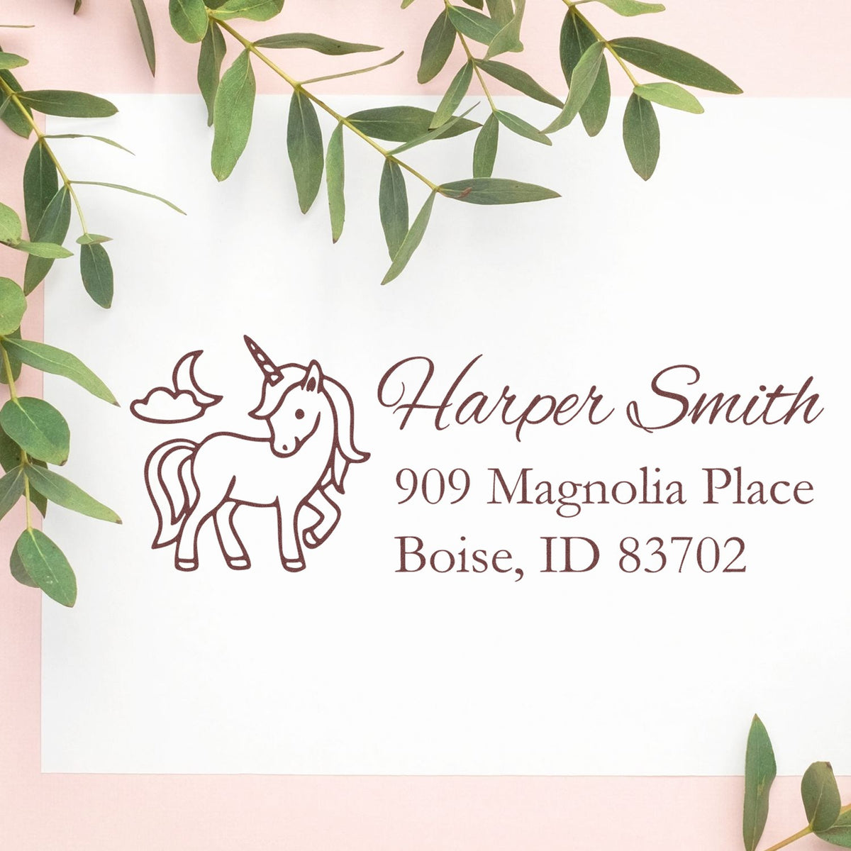 Custom unicorn address rubber stamp with Harper Smith and Boise, ID return address for personalized stationery.