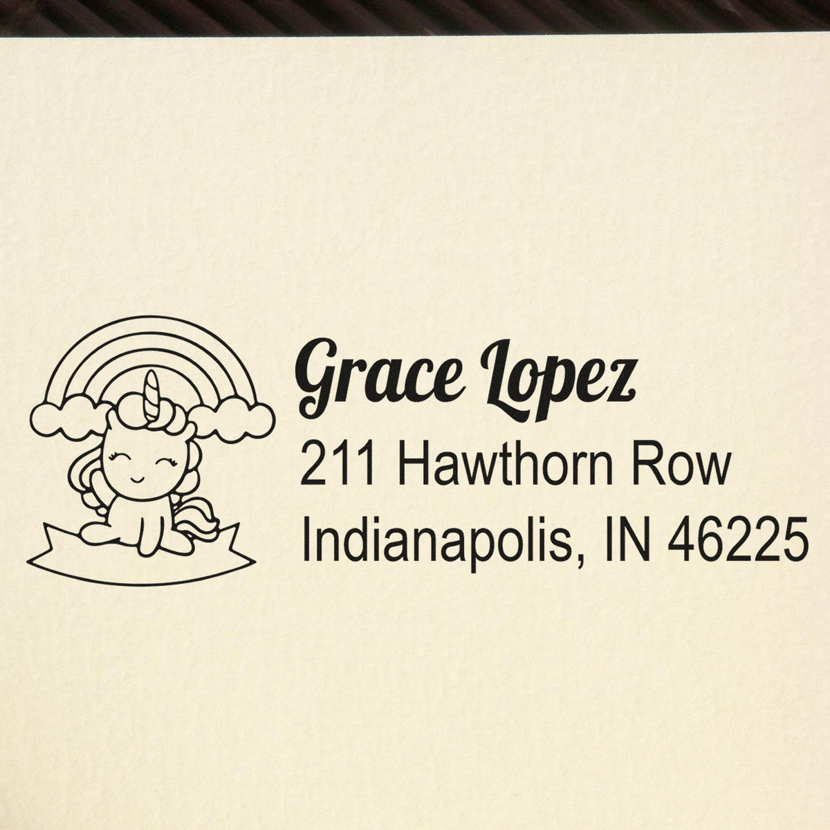 Custom unicorn return address rubber stamp for Grace Lopez, 211 Hawthorn Row, Indianapolis, IN 46225.